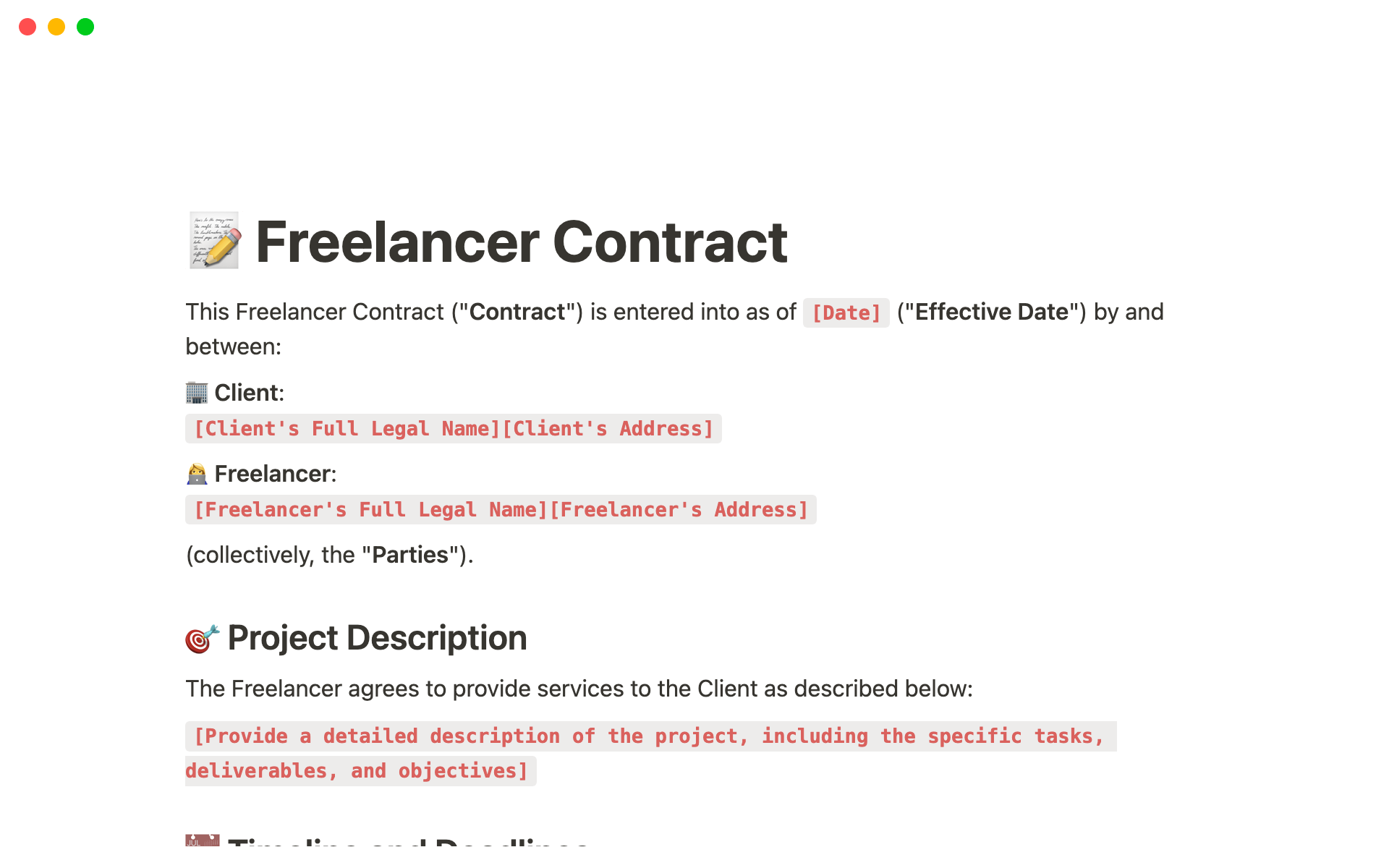 A template preview for Freelancer Contract