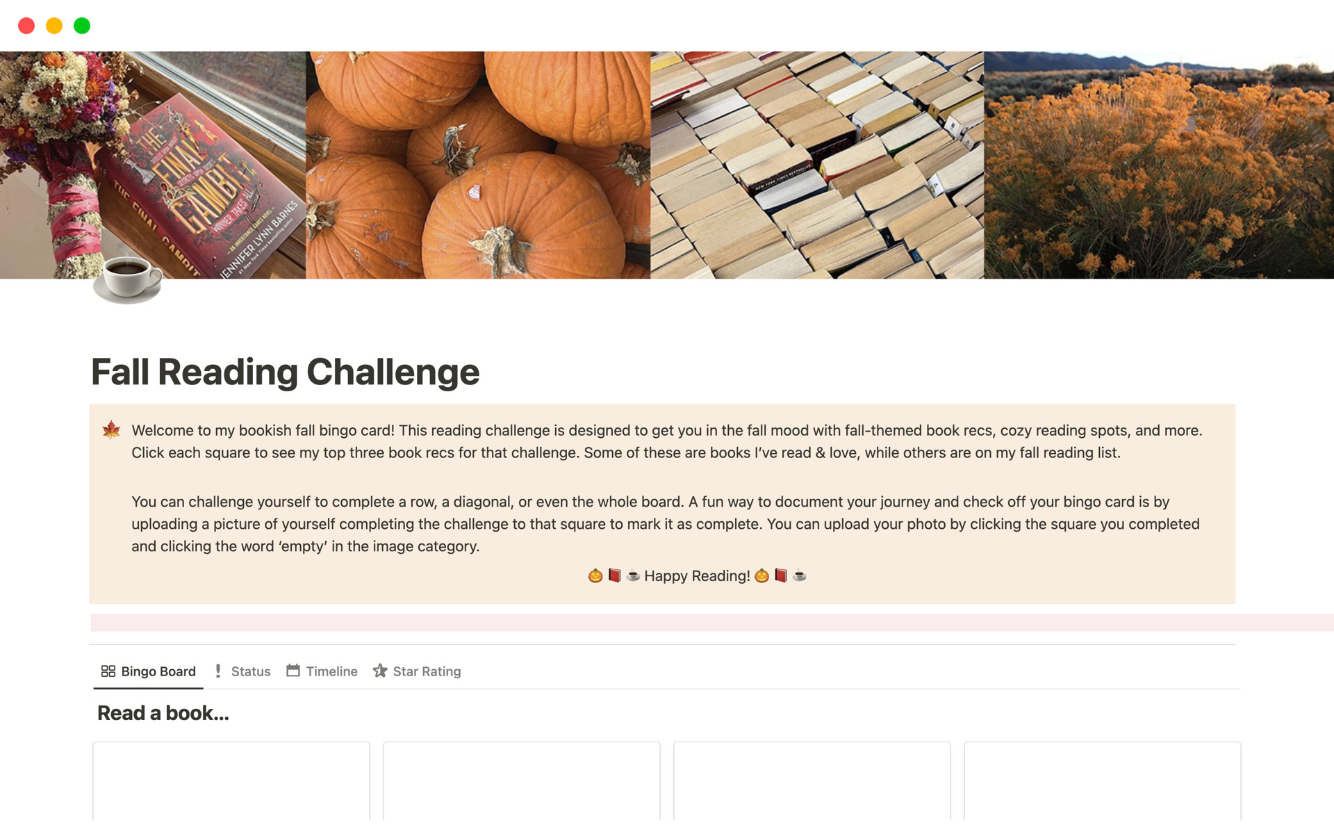 A template preview for JustAli’s Fall Reading Challenge