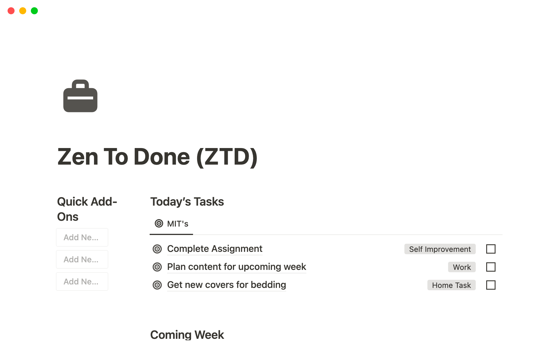 A template preview for Zen To Done (ZTD) Dashboard