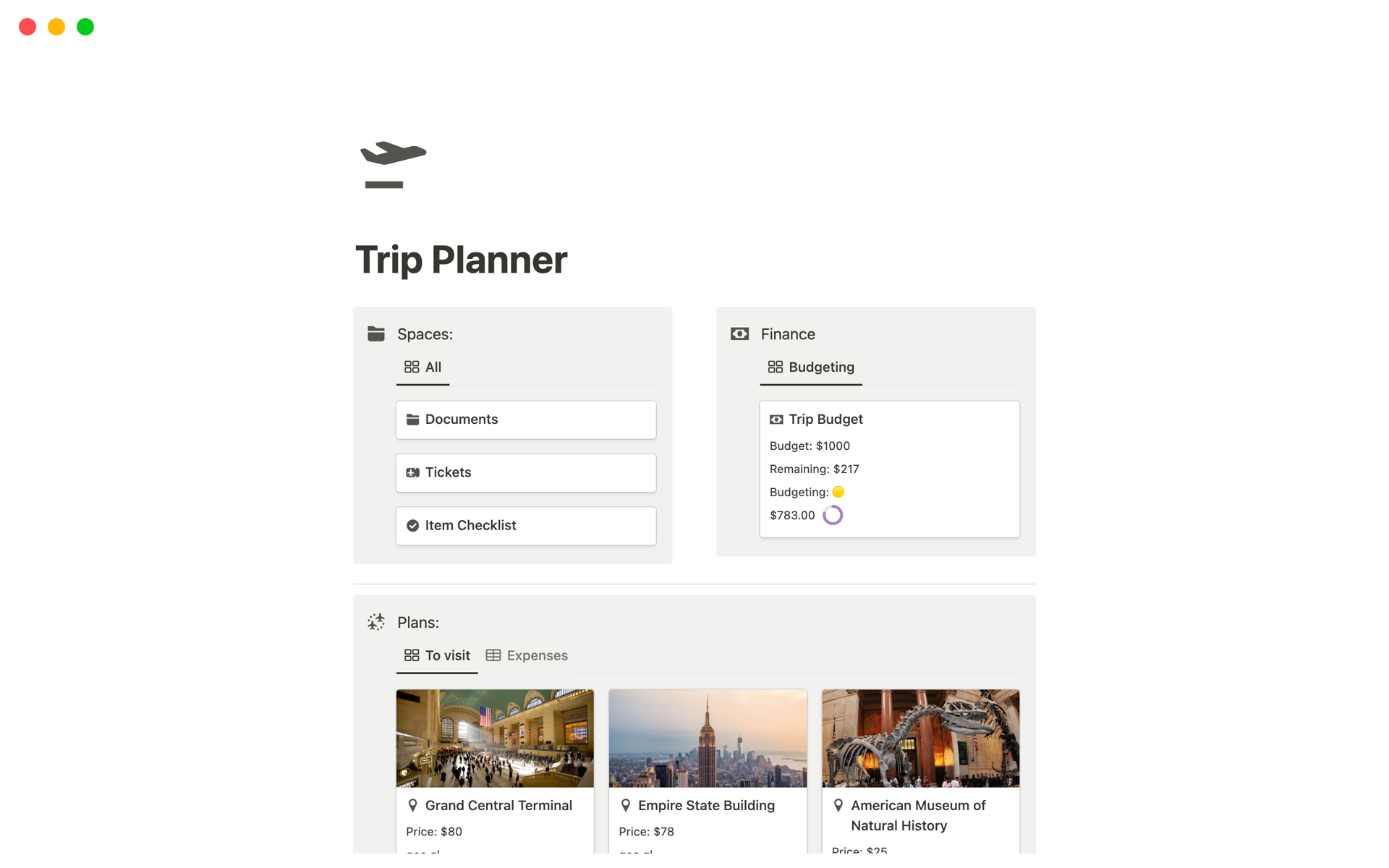 A template preview for Trip Planner
