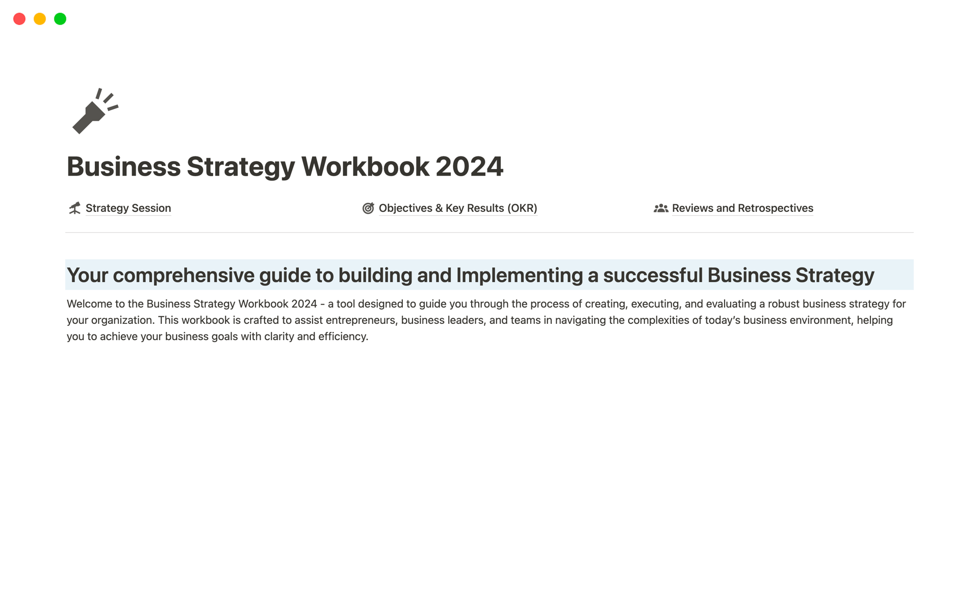 A template preview for Business Strategy Workbook 2024