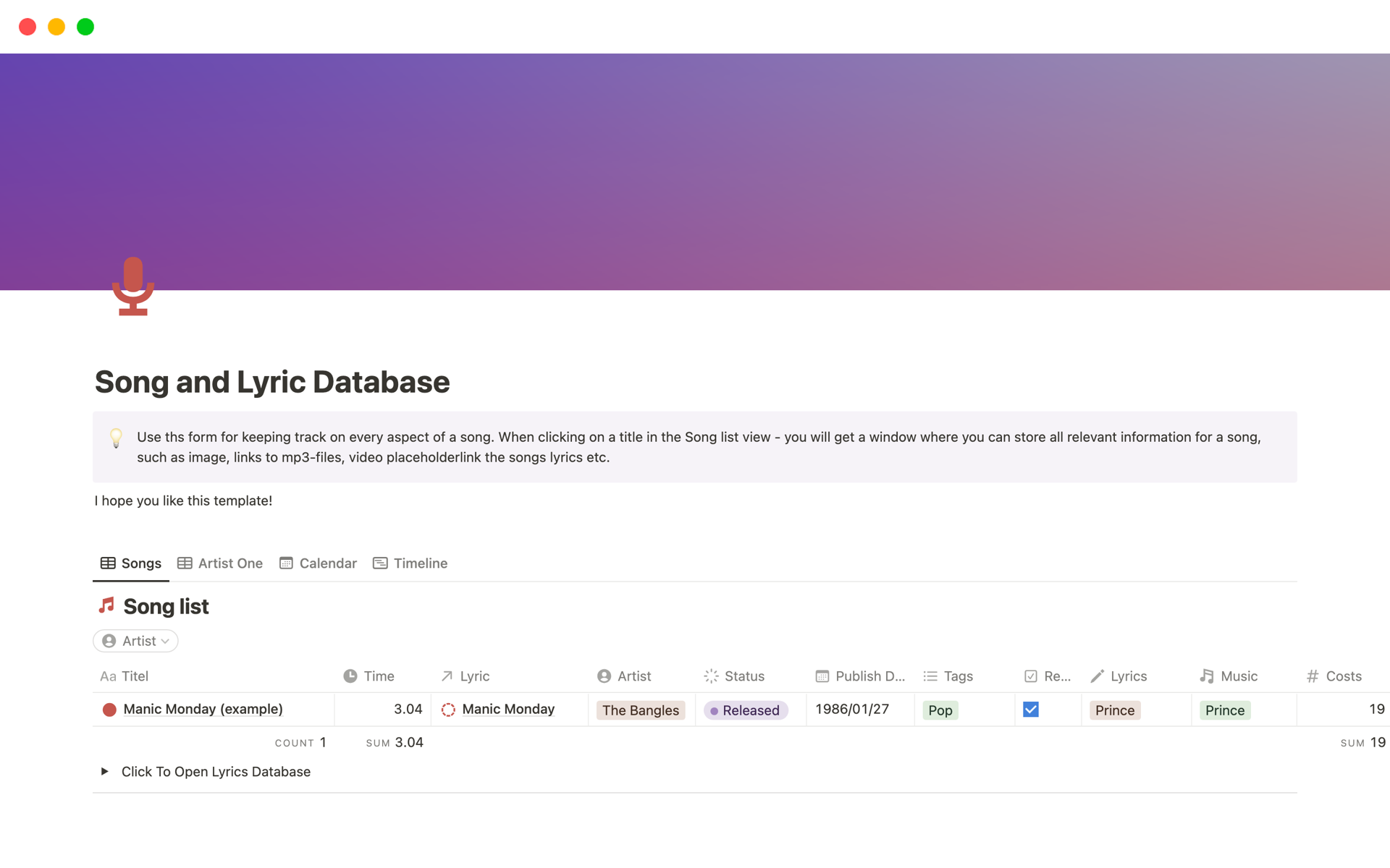 Song and Lyric Database by Stefan Woldekidan Notion Template