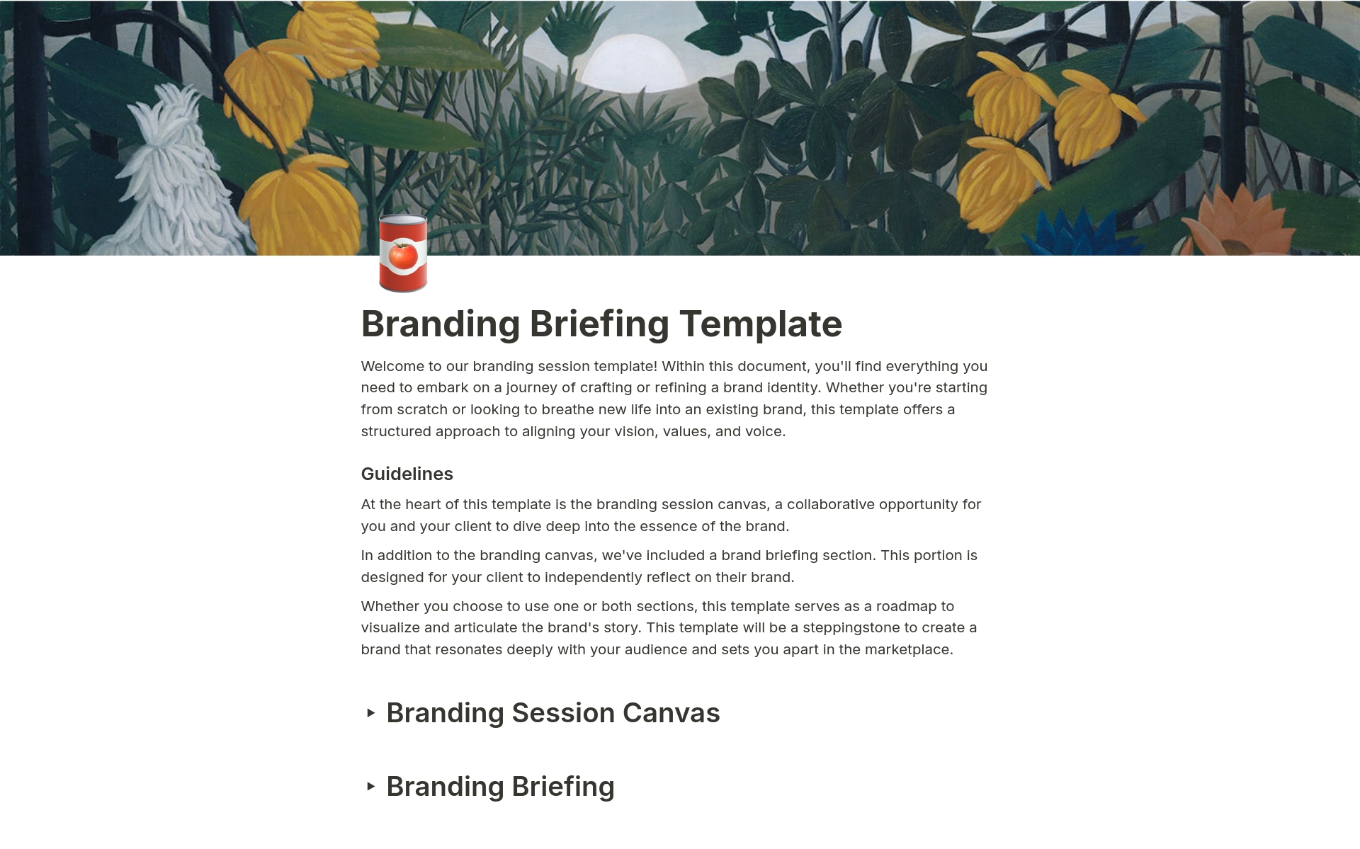 Eine Vorlagenvorschau für Branding Session Canvas & Briefing questions