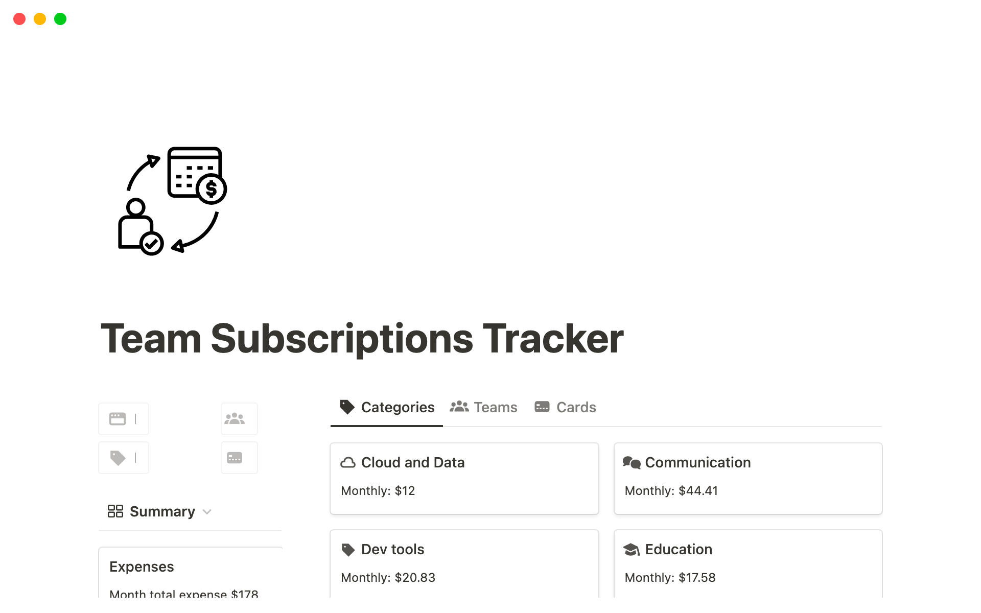 A template preview for Team Subscriptions Tracker
