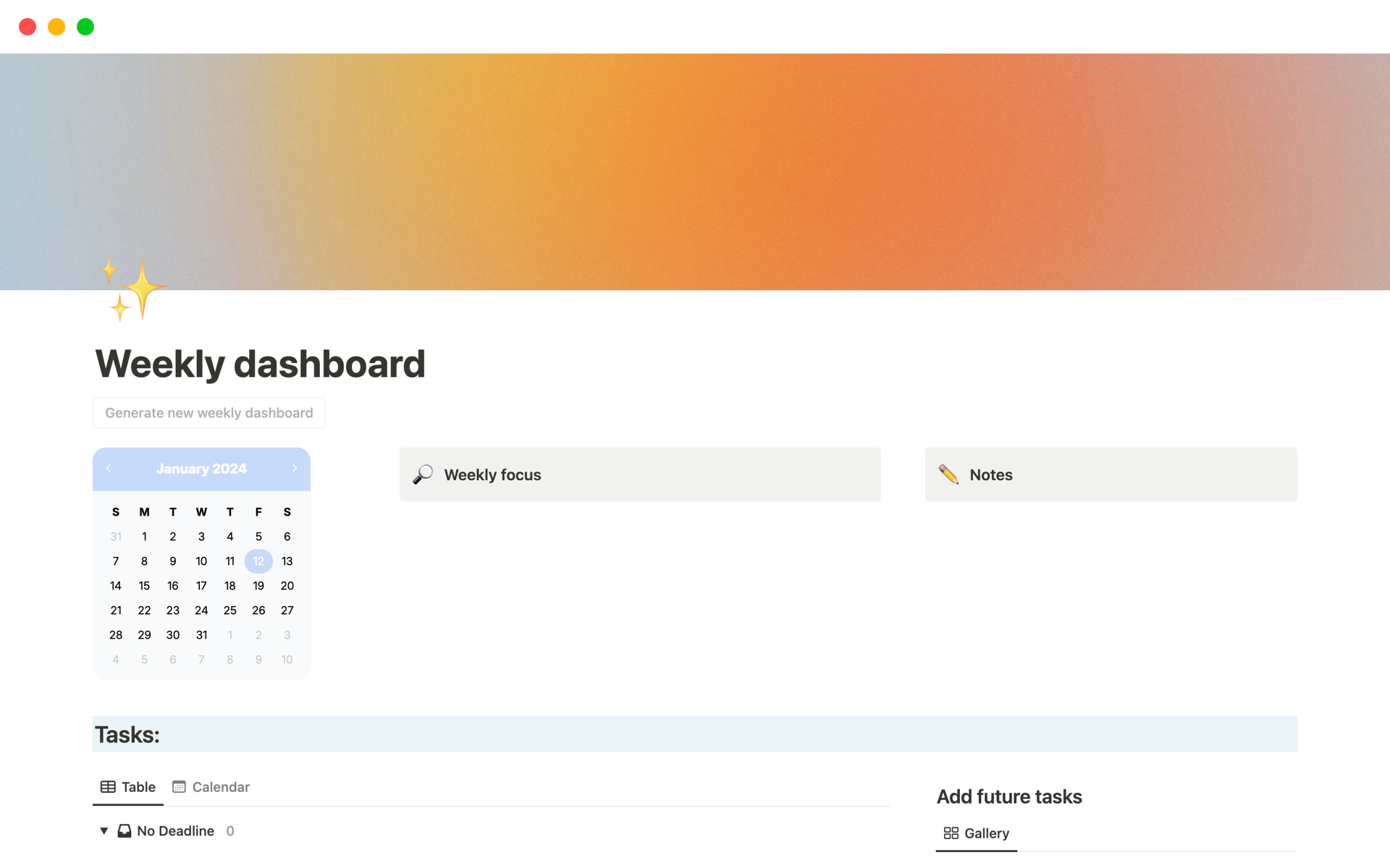 A template preview for Weekly dashboard