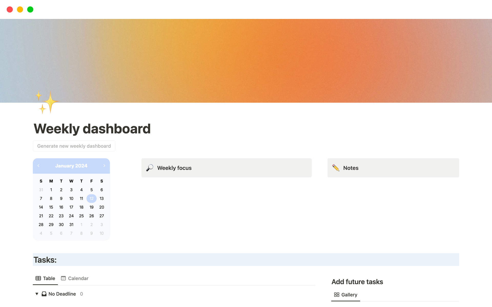 Eine Vorlagenvorschau für Weekly dashboard