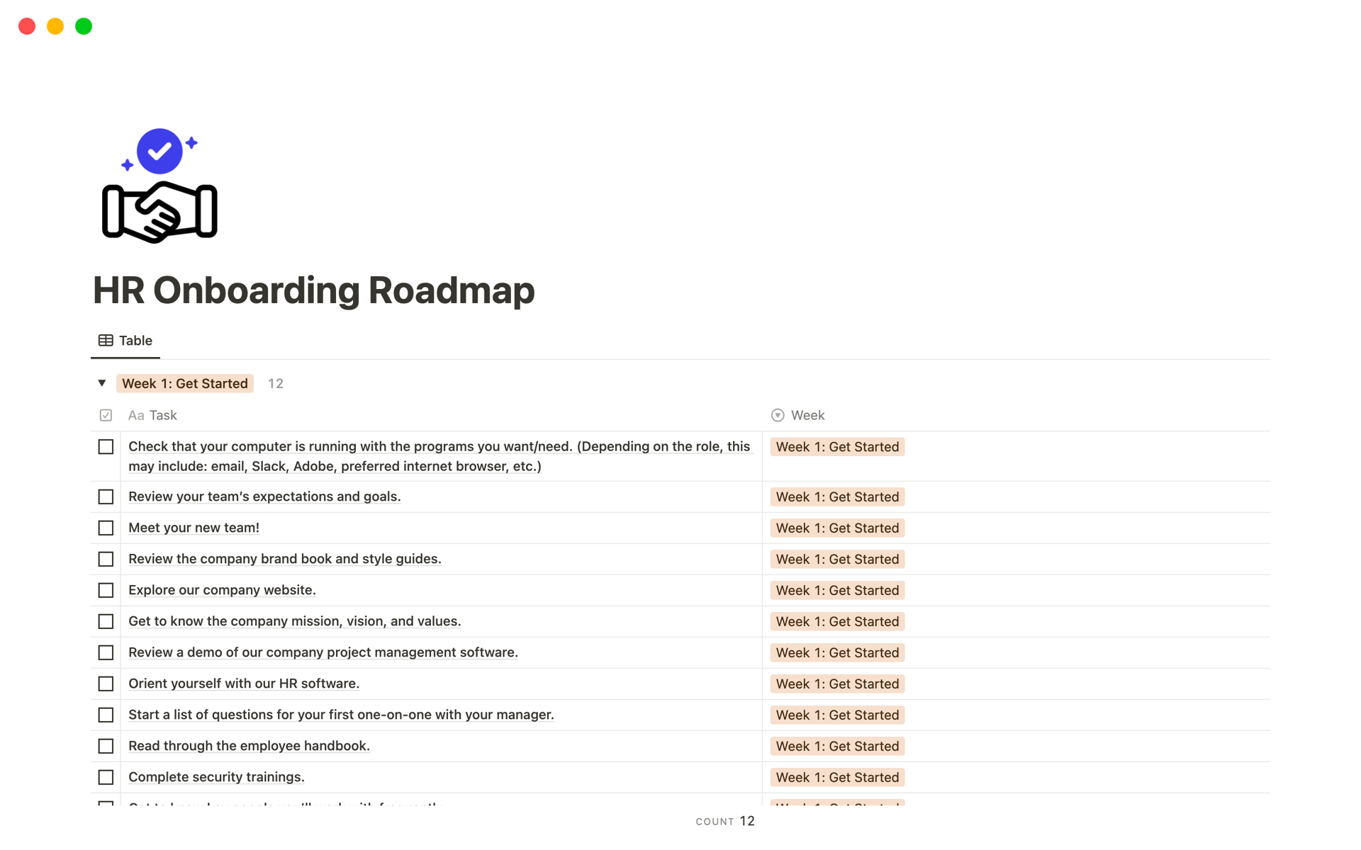 A template preview for HR Onboarding Roadmap