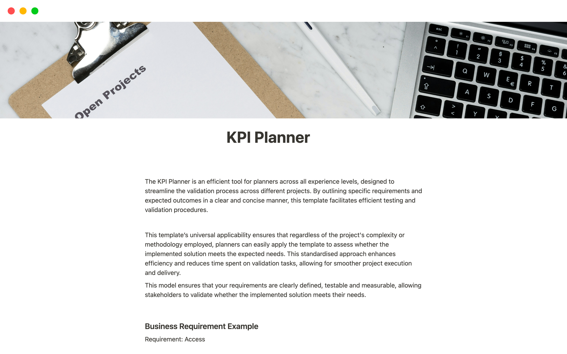 A template preview for KPI Planner