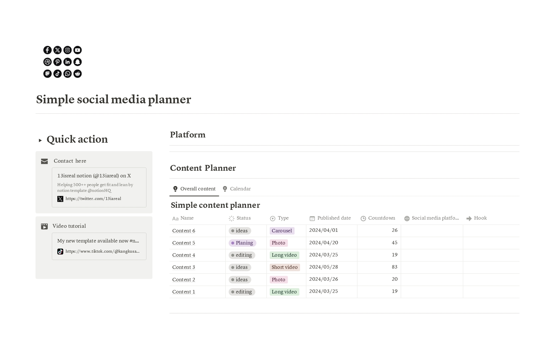 A template preview for Simple social media planner