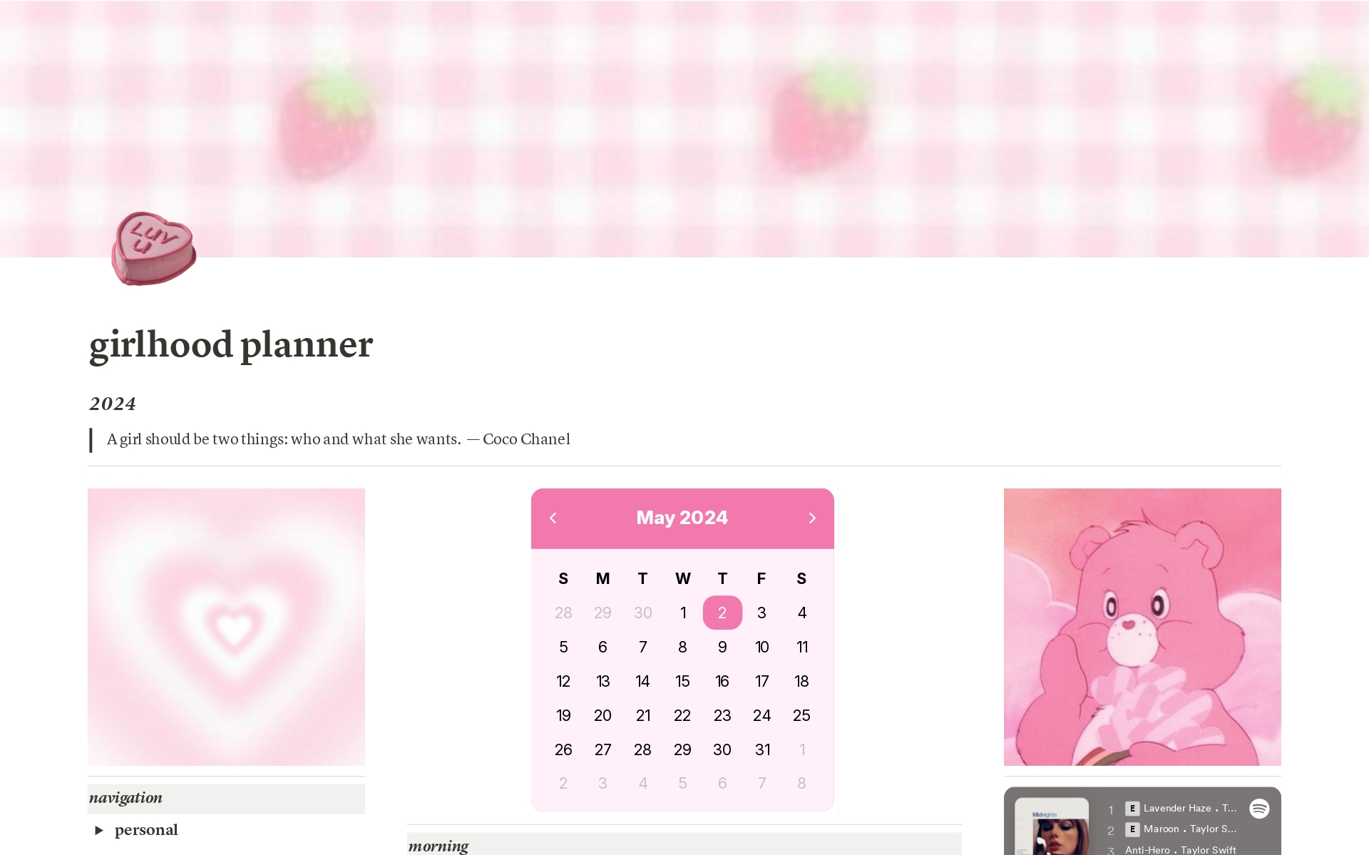 Vista previa de una plantilla para Pink Life Planner