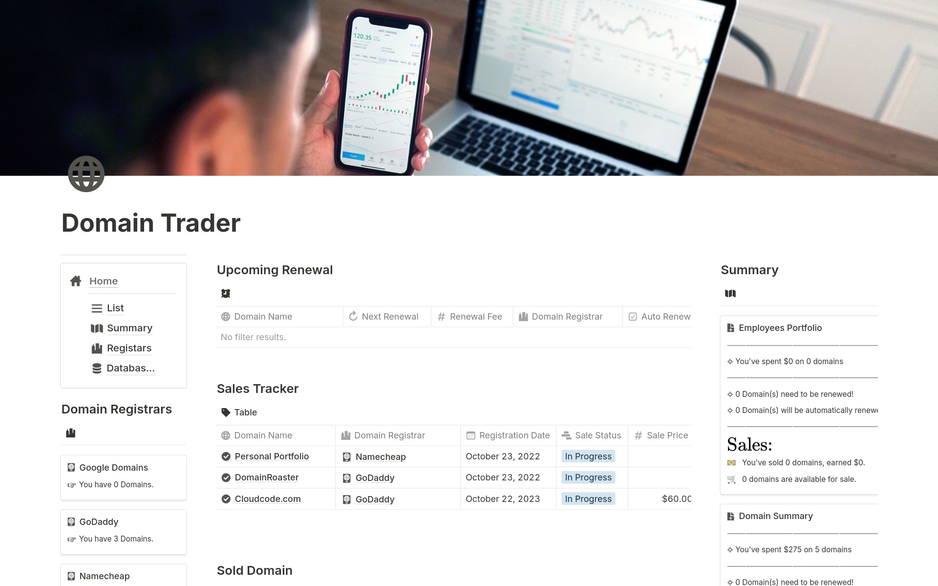 Maximize Your Portfolio, Streamline Acquisition and Sales, and Optimize Domain Management with the Ultimate Domain Trader Notion Template Solution.