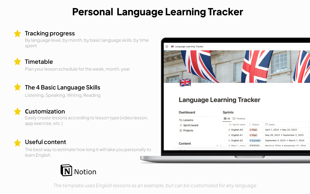 Are you trying to learn a language individually or with a tutor, but don't know how to track your progress? Do you know how much time you have already spent learning a language? This language learning tracker will help you take control of your learning. Create your learning plan!