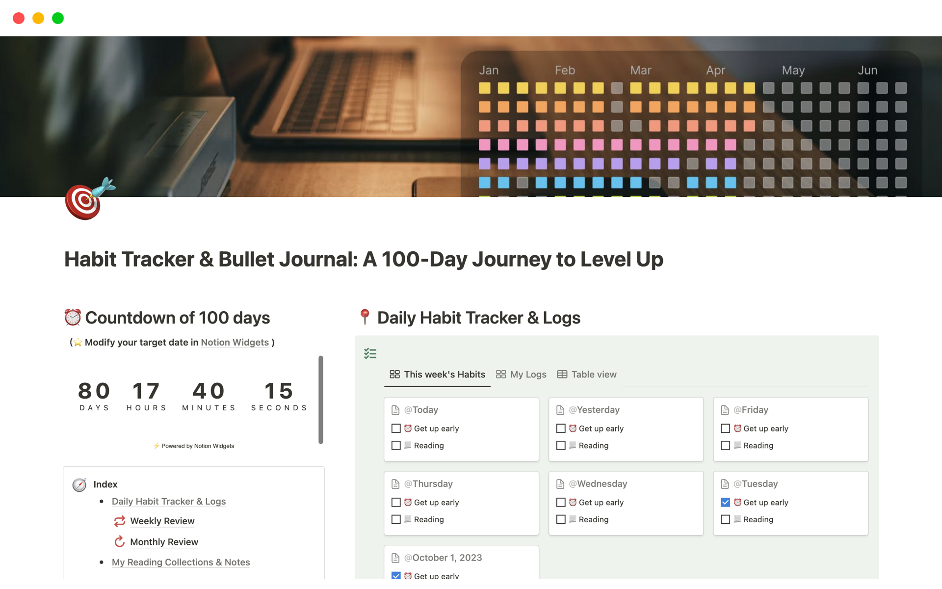 Uma prévia do modelo para Habit Tracker & Bullet Journal