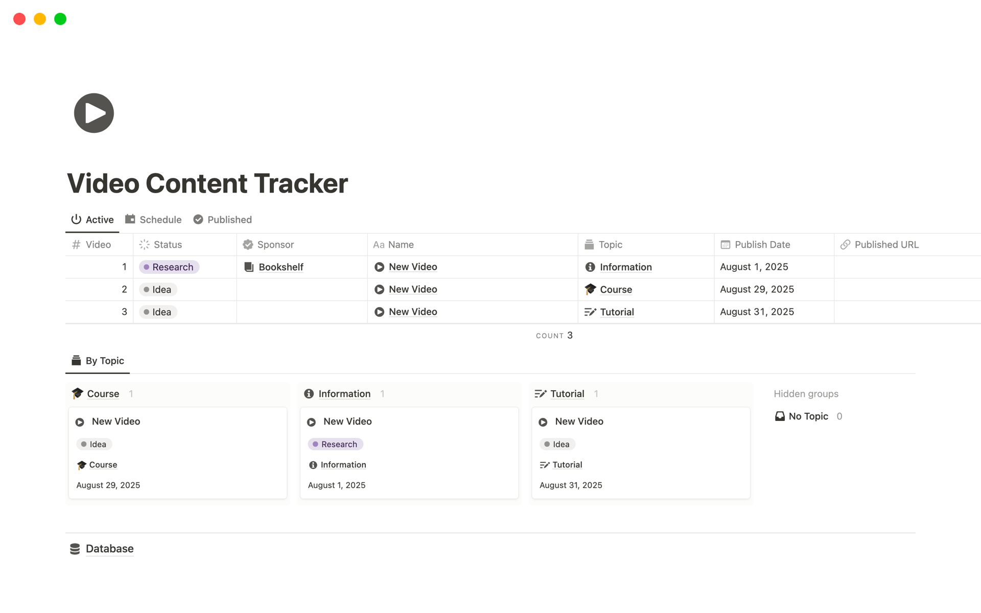 A template preview for Video Content Tracker
