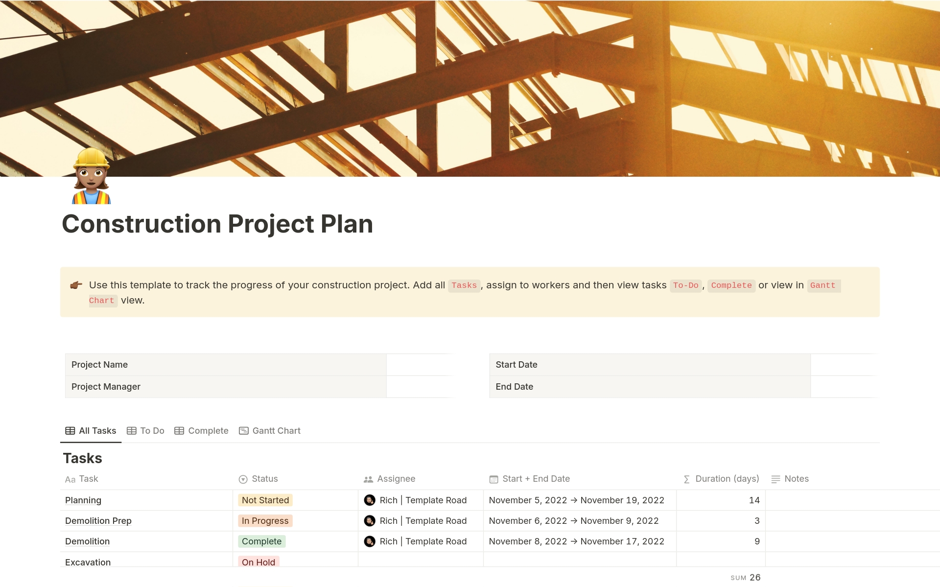 Use this template to track the progress of your construction project in Notion.