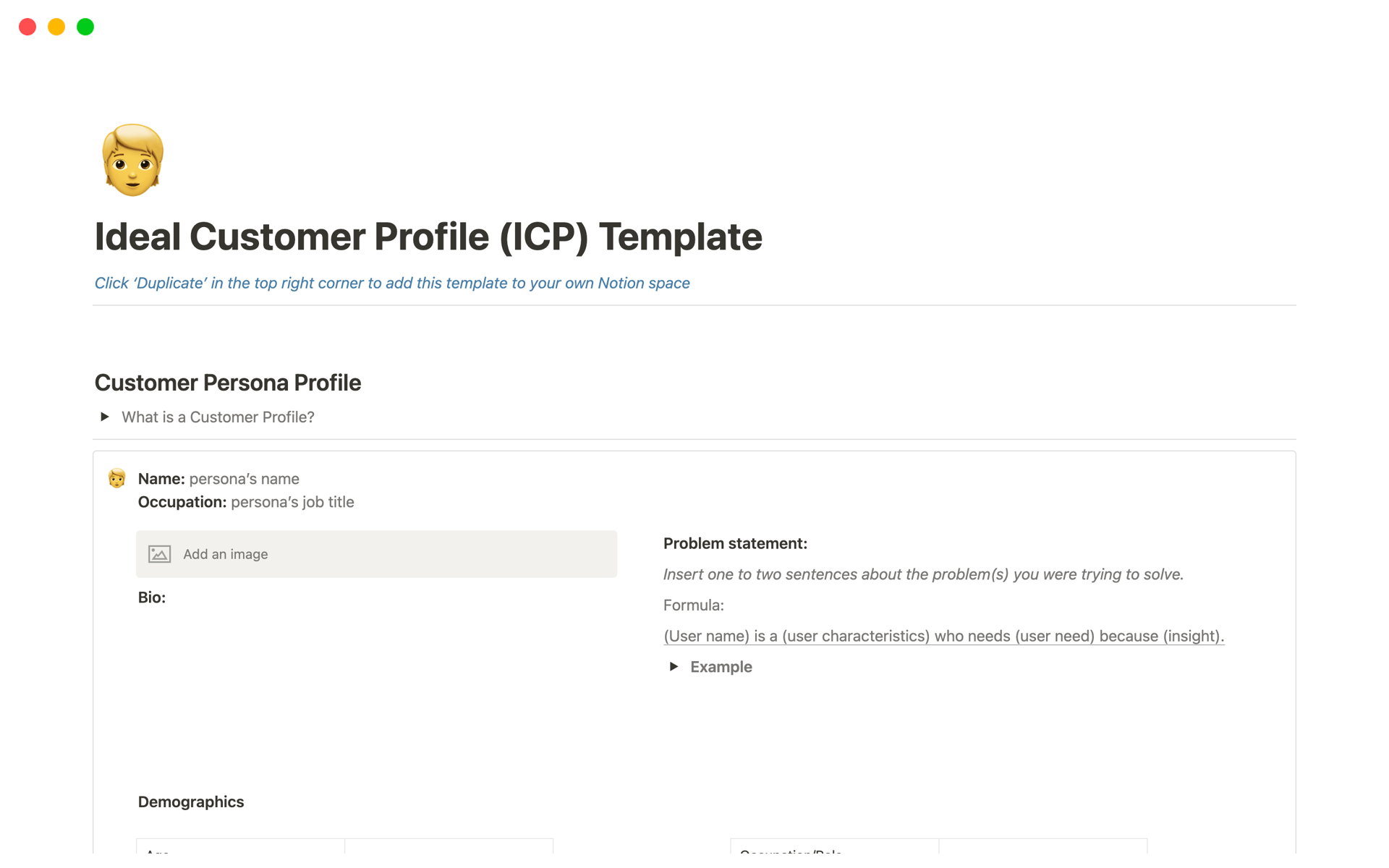 Build your ideal customer profile effortlessly with our free Notion template, designed to assist you in defining your target audience.