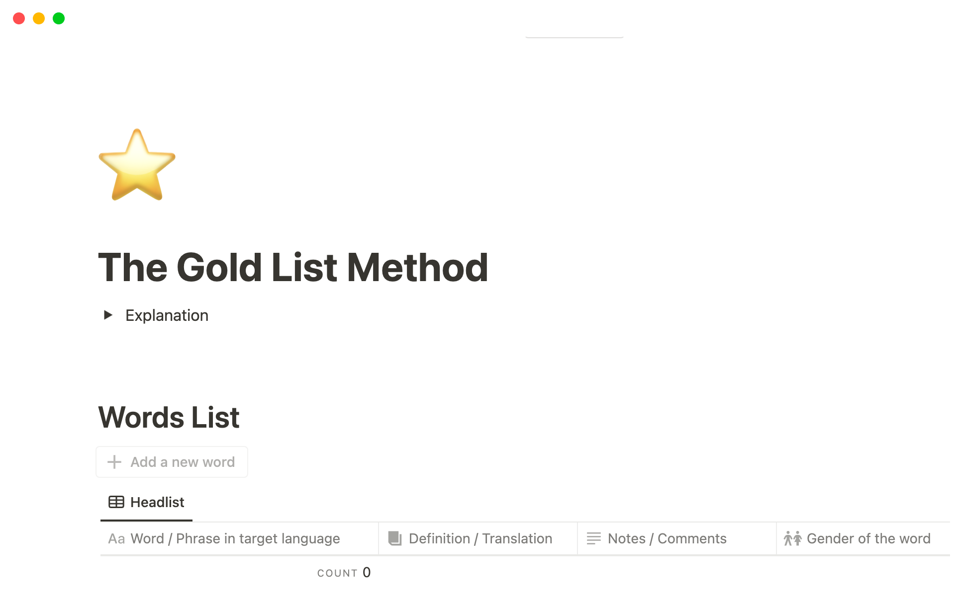 Vista previa de una plantilla para The Gold List Method For Vocabulary Learning