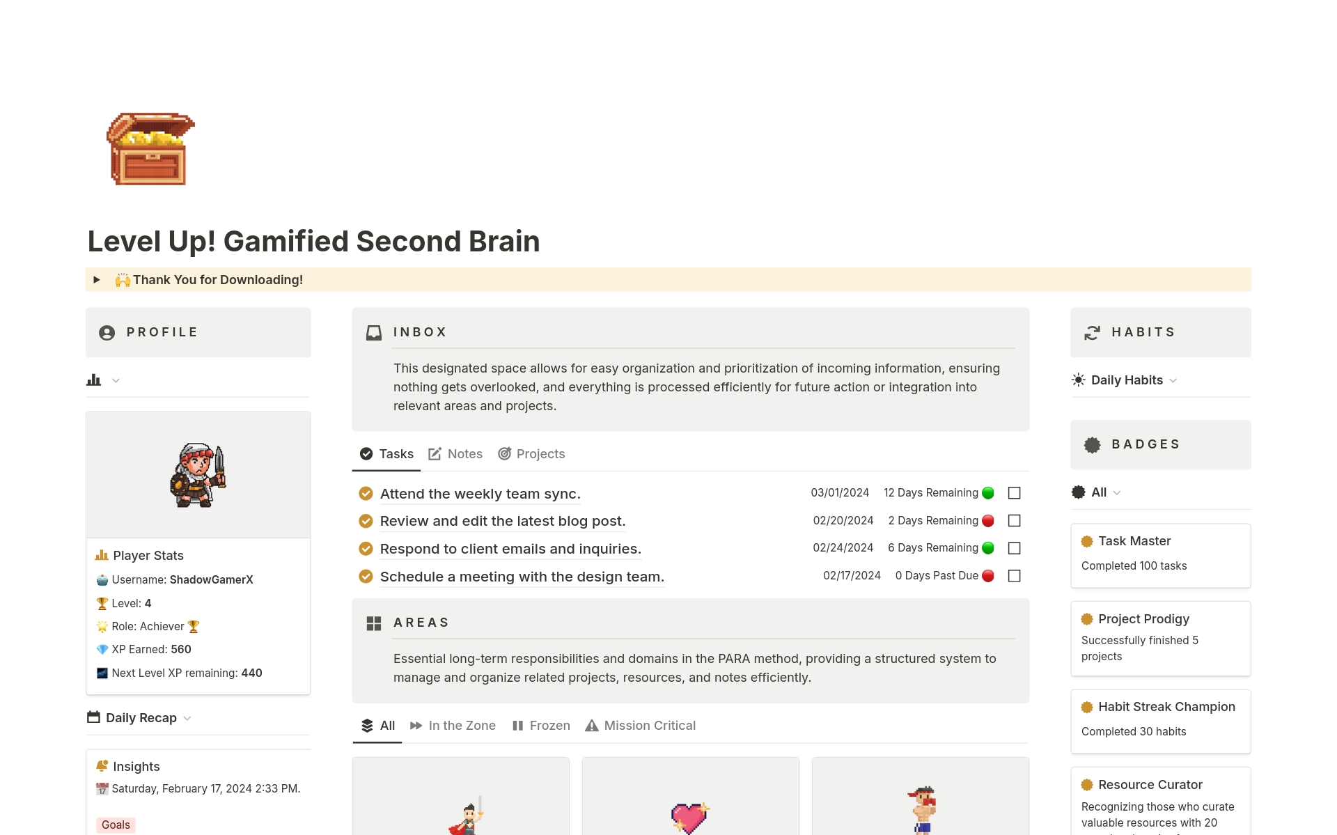 A template preview for Level Up! Gamified Second Brain