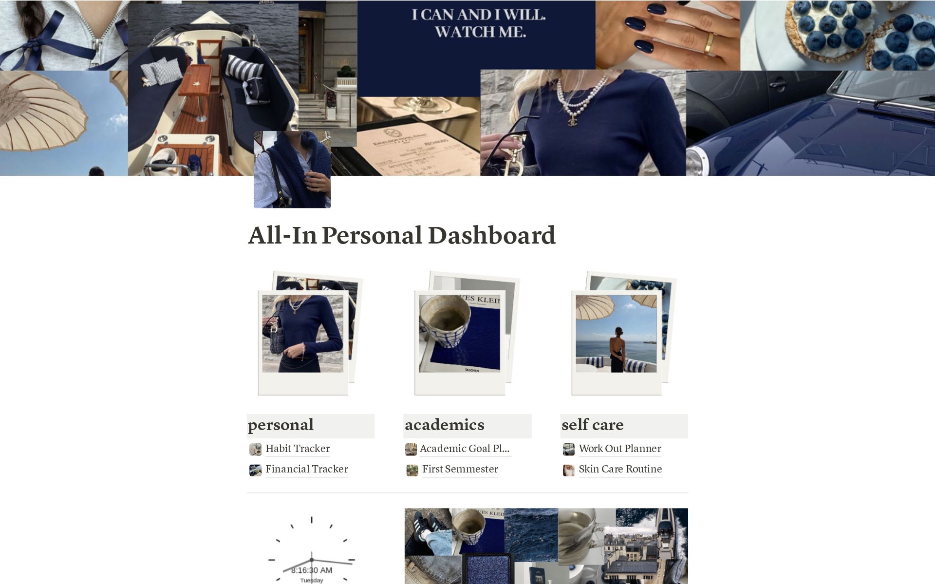 A template preview for All-In Personal Dashboard (Navy Blue Aesthetic)