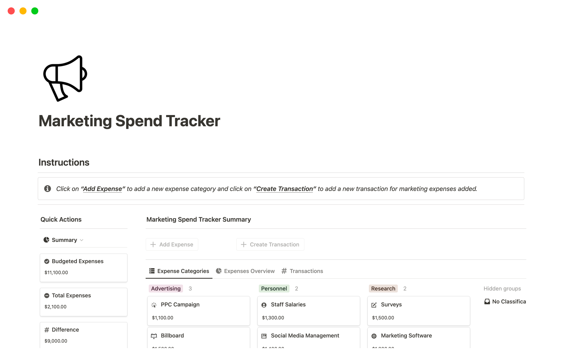 A template preview for Marketing Spend Tracker