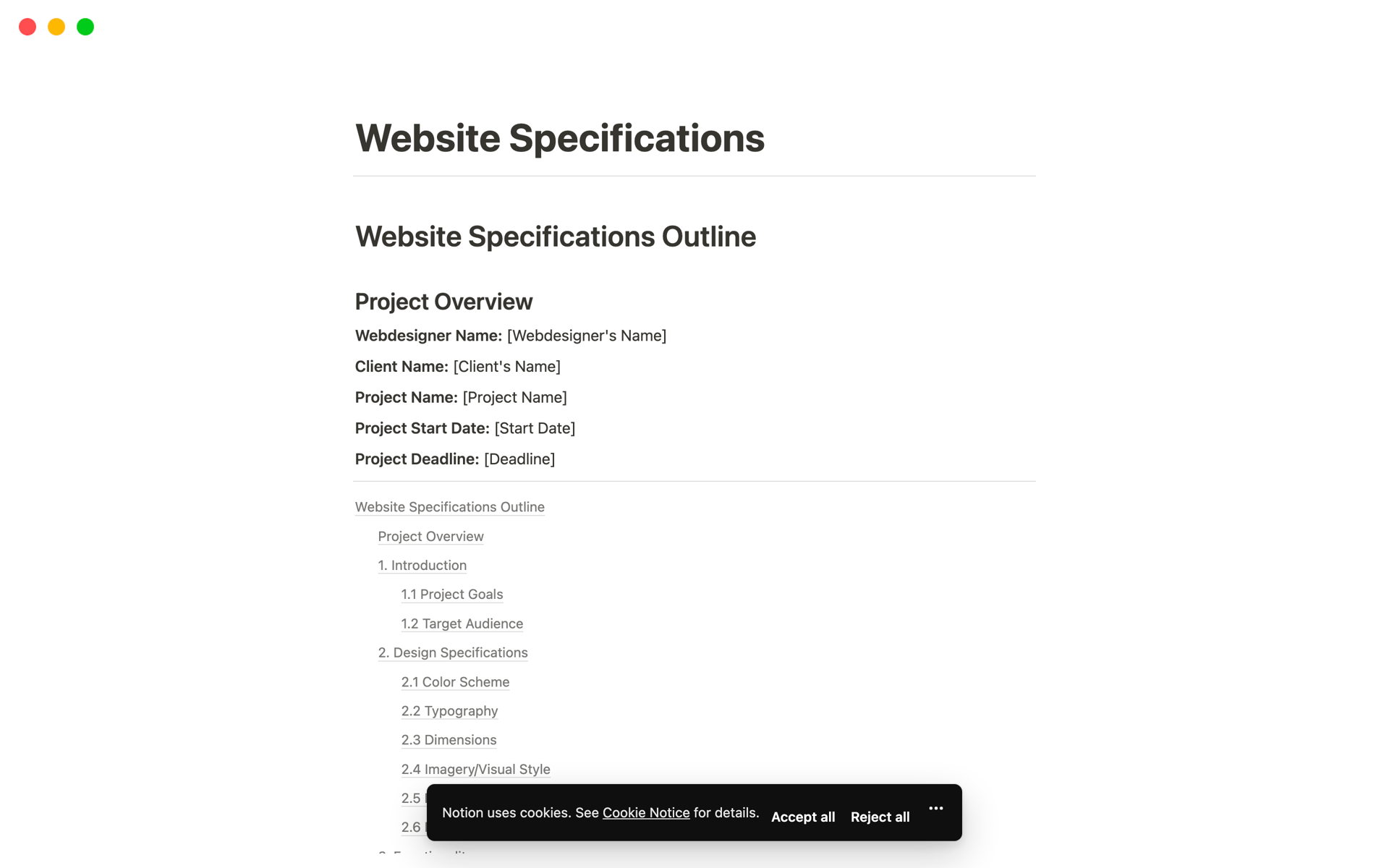 A template preview for Website Specifications