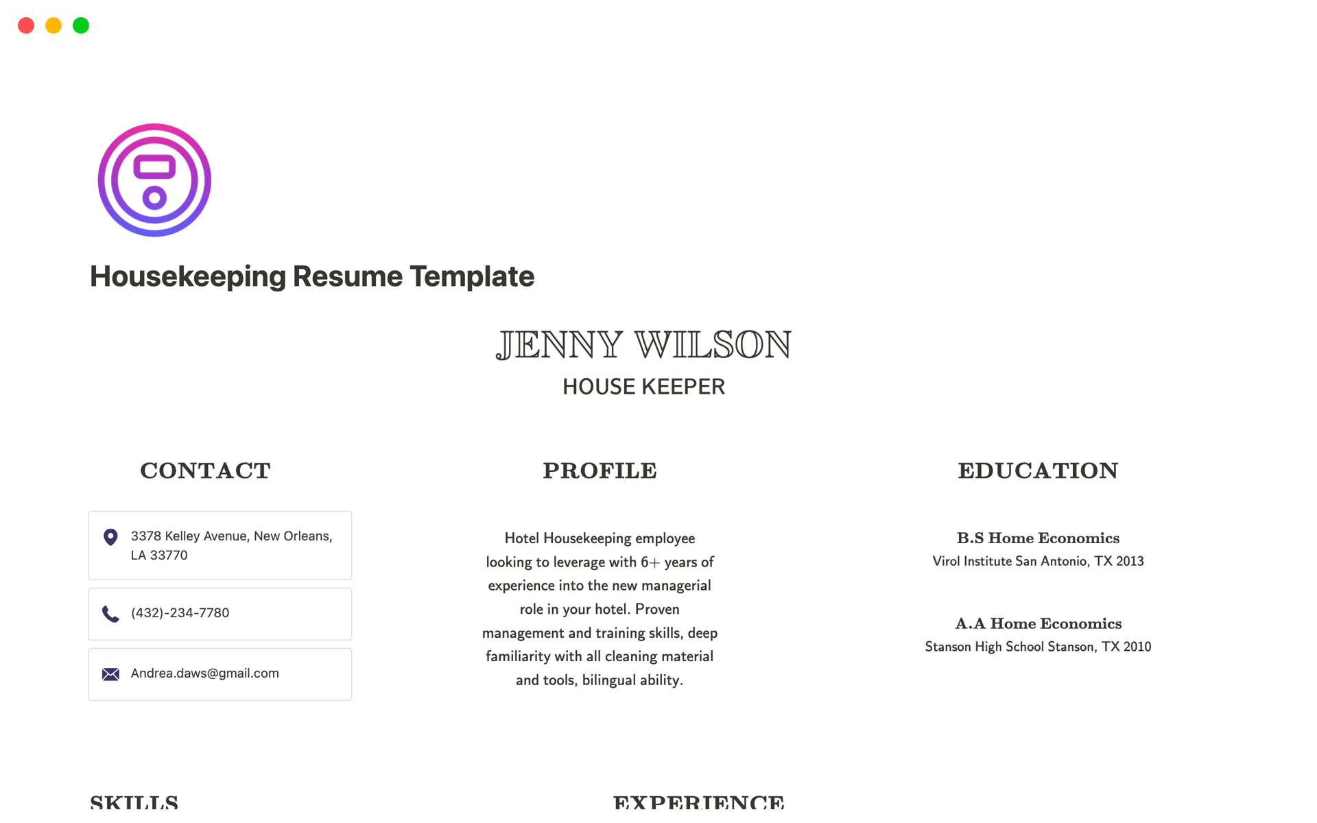 A template preview for Housekeeping Resume