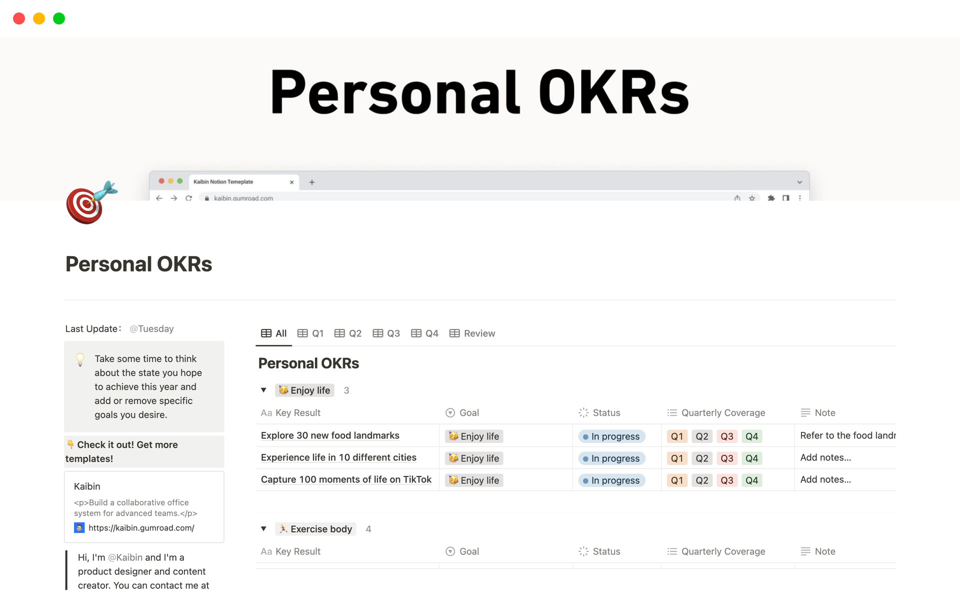 Vista previa de una plantilla para Personal OKRs