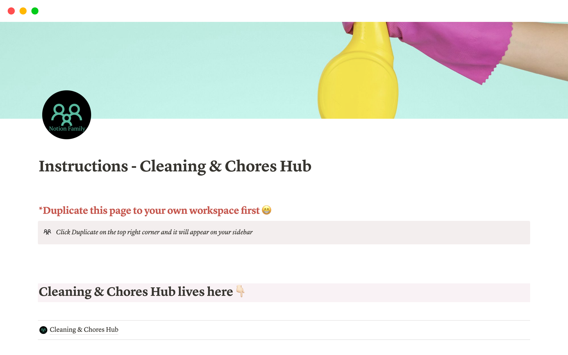 A template preview for Cleaning & Chores Hub