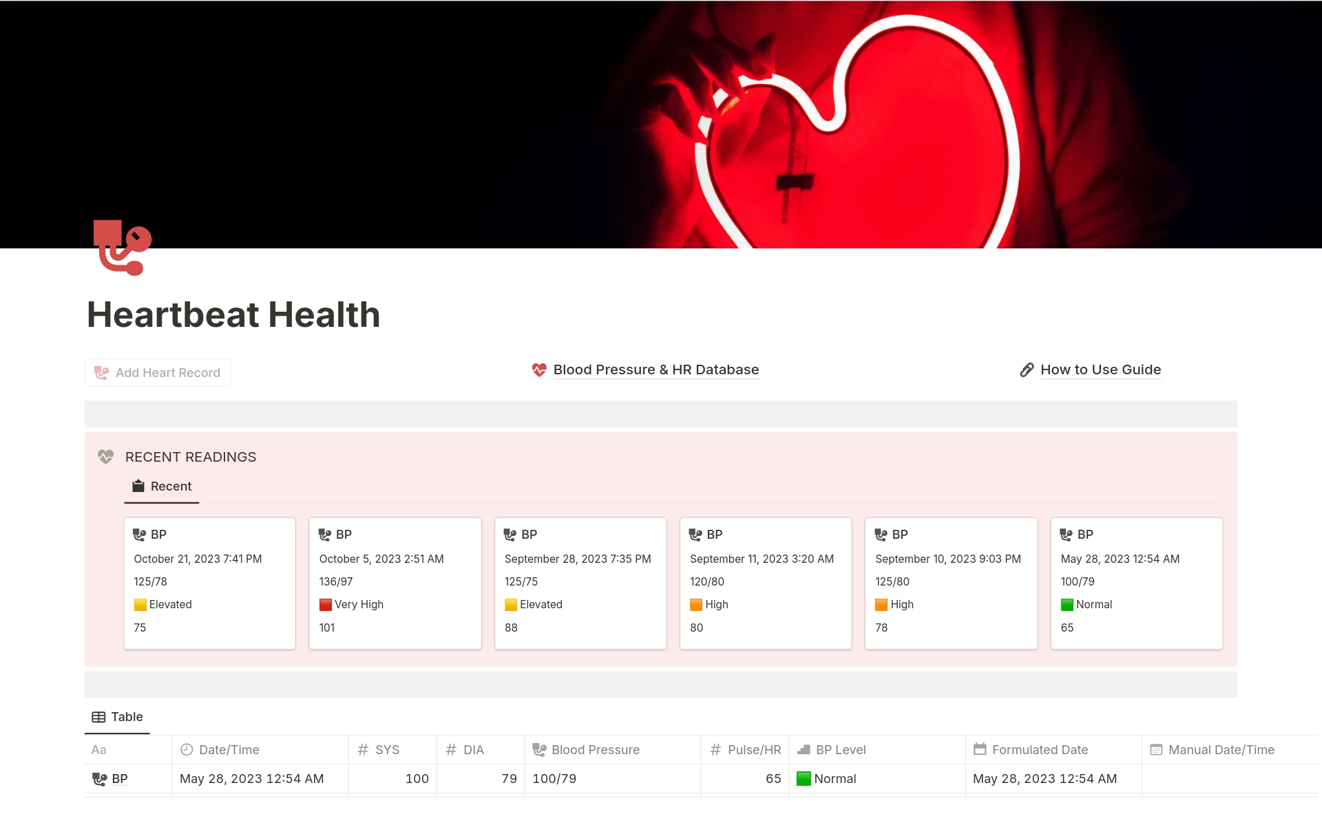 Heartbeat Health  is a user-friendly Notion tool for tracking blood pressure and pulse, featuring easy data entry, color-coded indicators, and detailed logs to aid in heart health management.