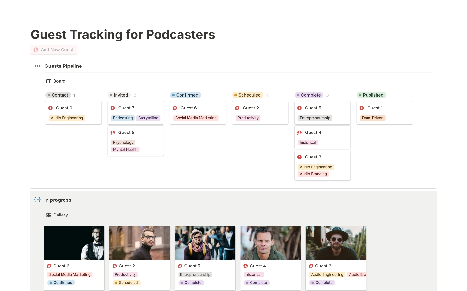 Vista previa de una plantilla para Guest Tracking for Podcasters