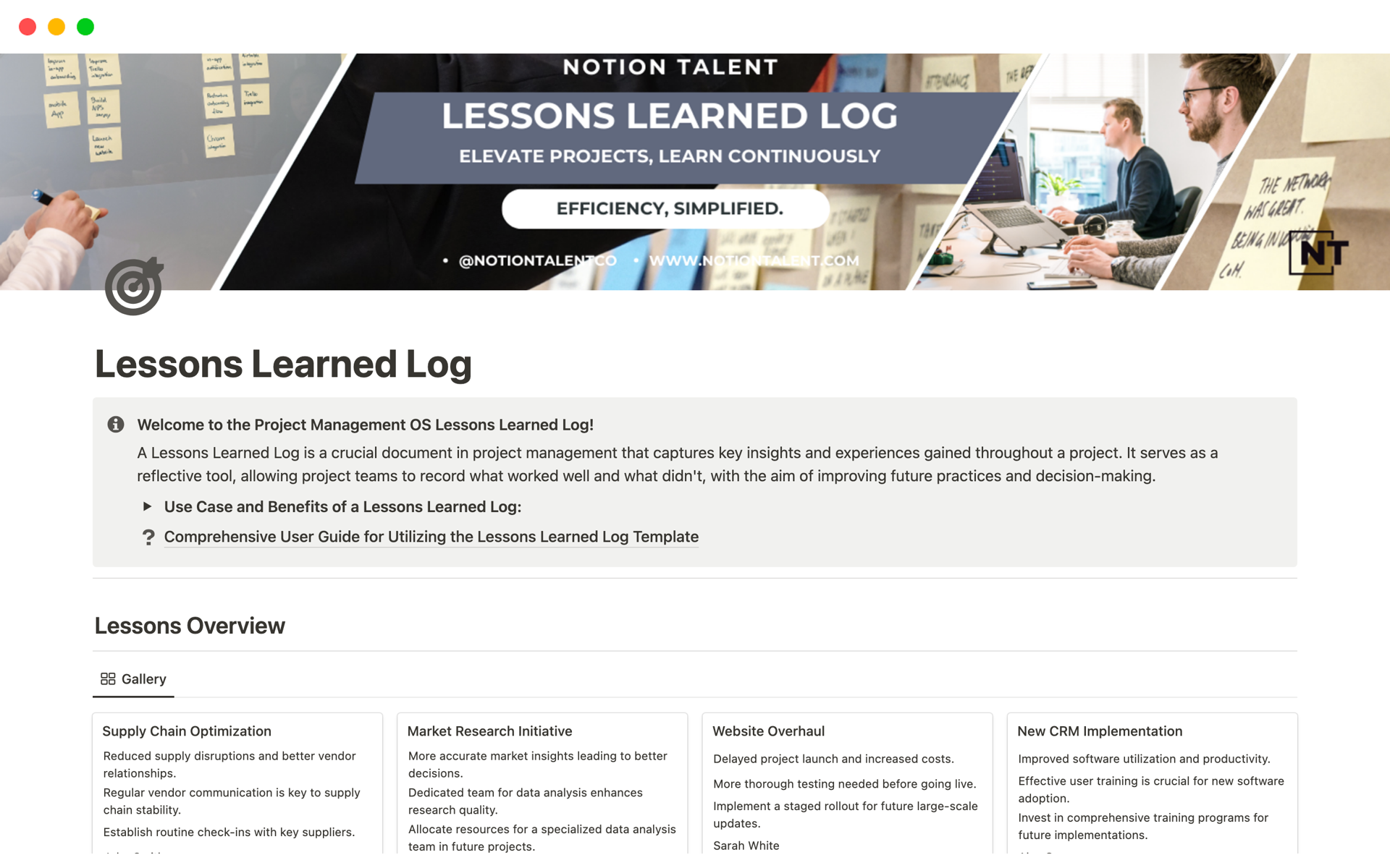 A template preview for Lessons Learned Log