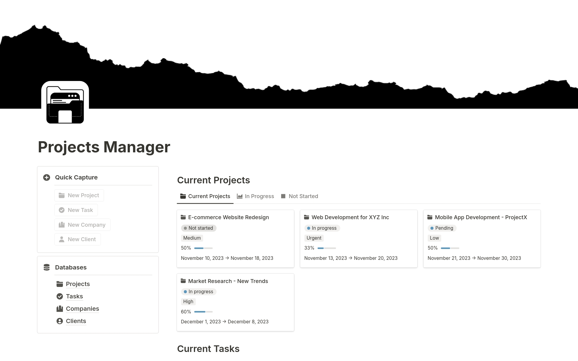 Vista previa de una plantilla para Projects Manager