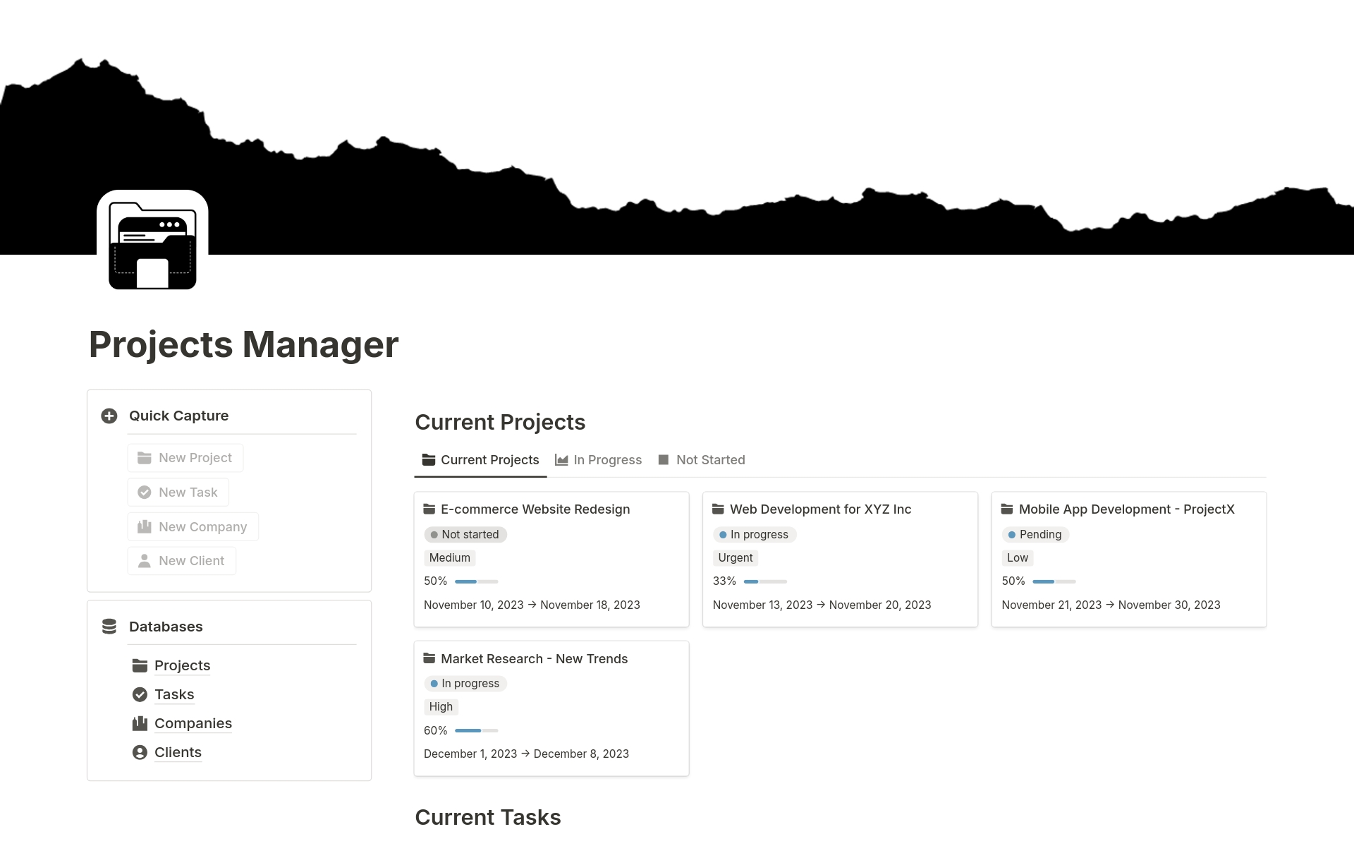 A template preview for Projects Manager