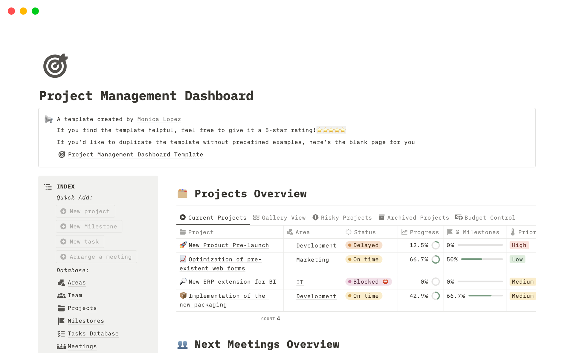 A template preview for Project Management Dashboard