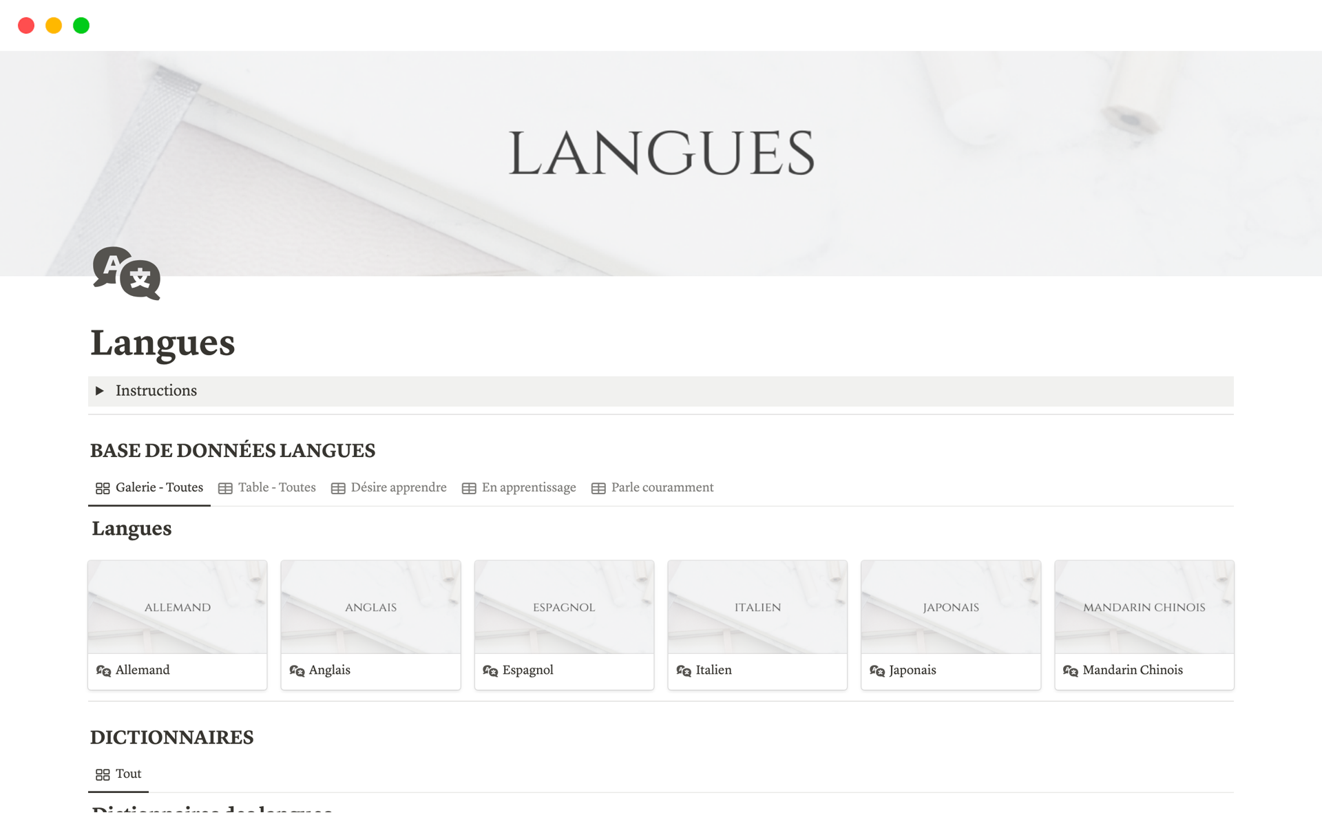 A template preview for Apprentissage des langues