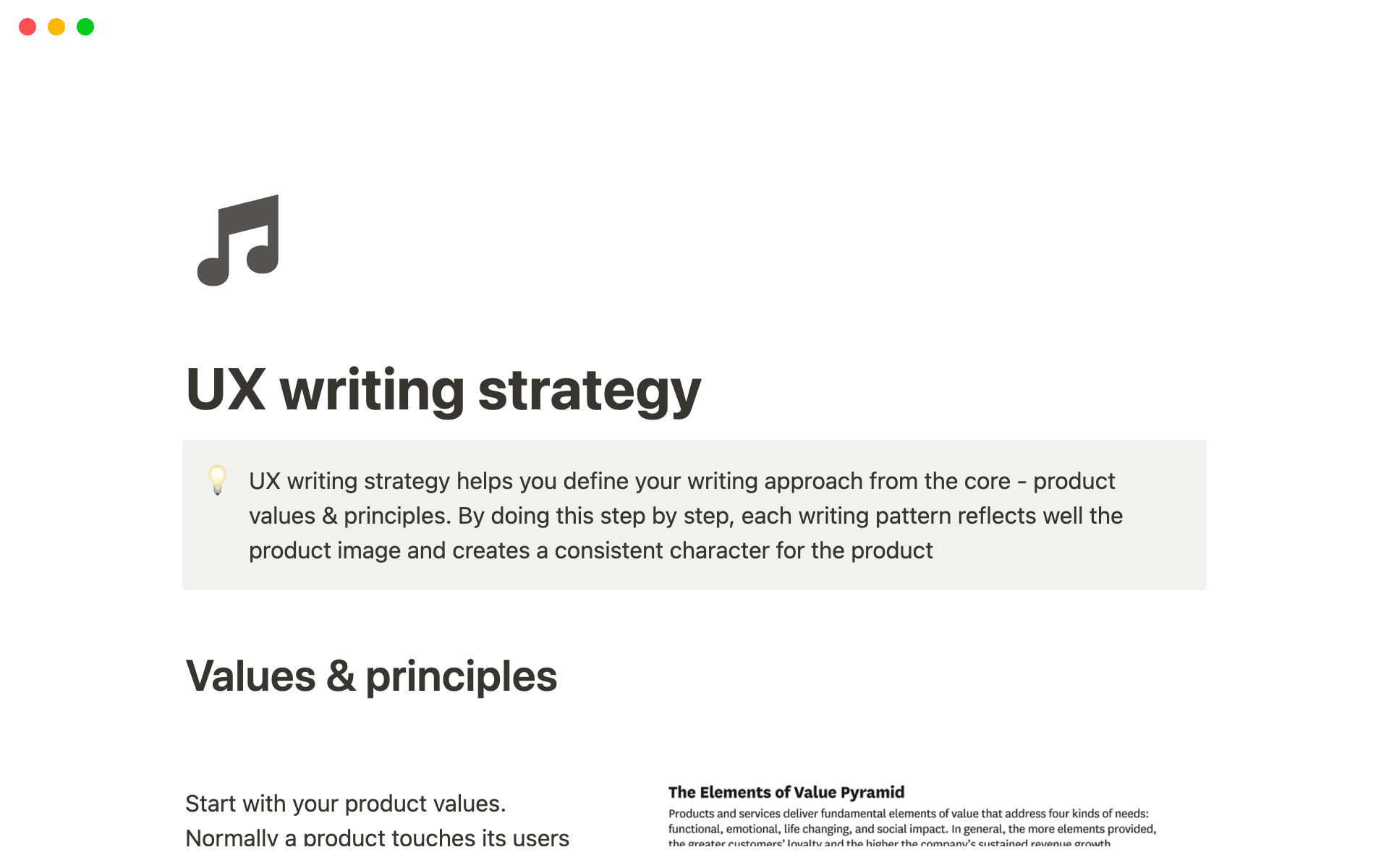 A template preview for UX writing strategy