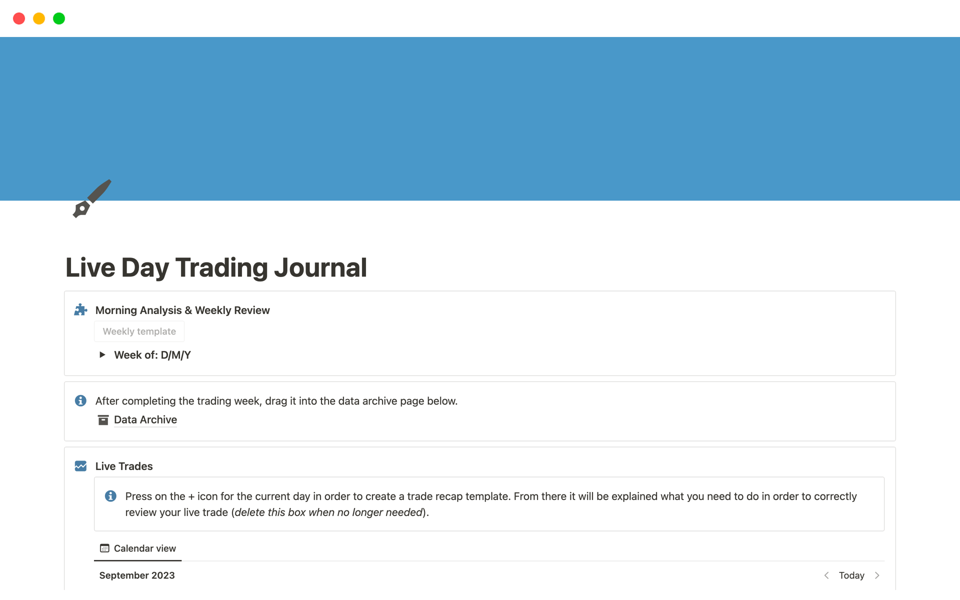 A template preview for Live Day Trading Journal