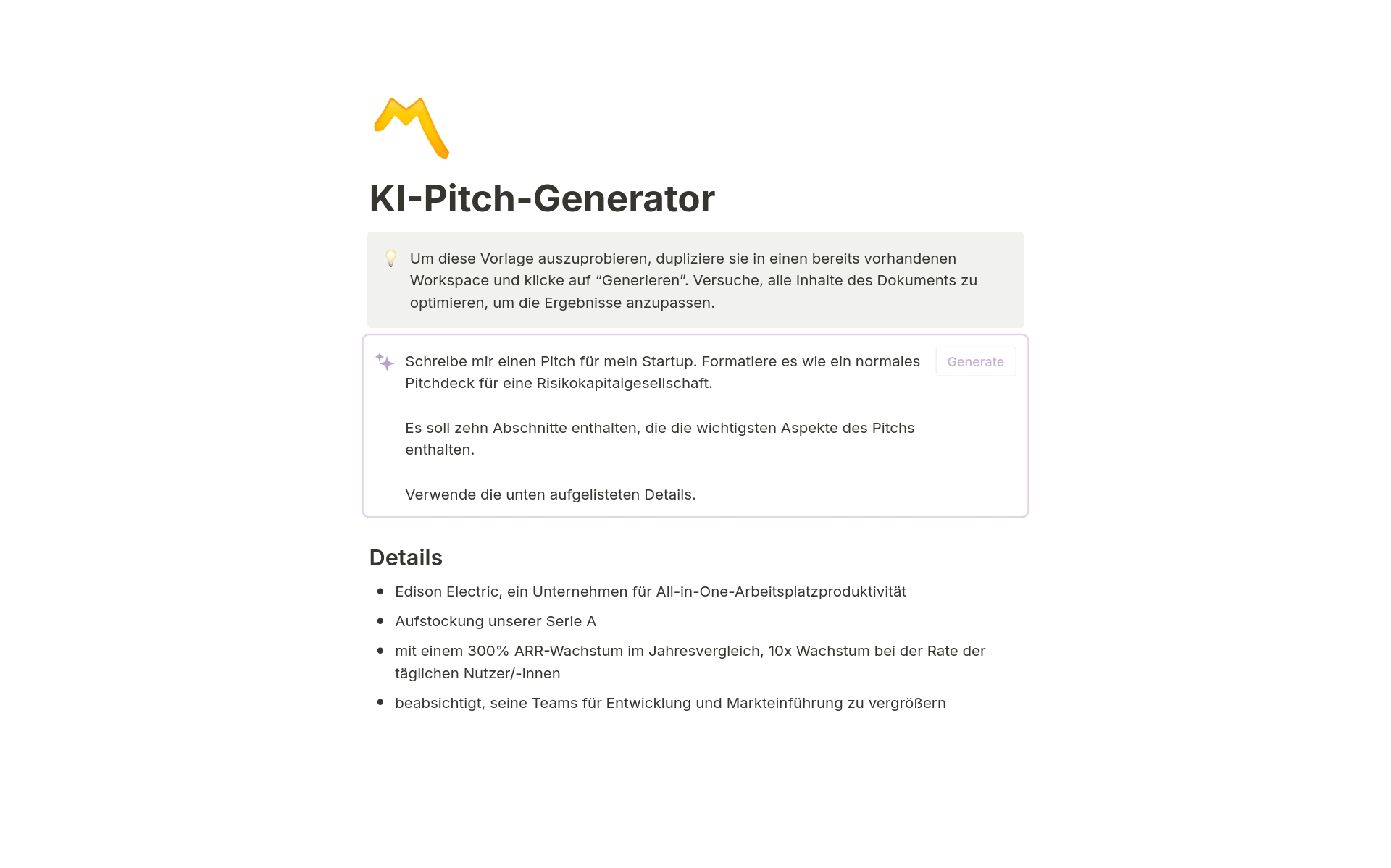 Eine Vorlagenvorschau für KI-Pitch-Generator 