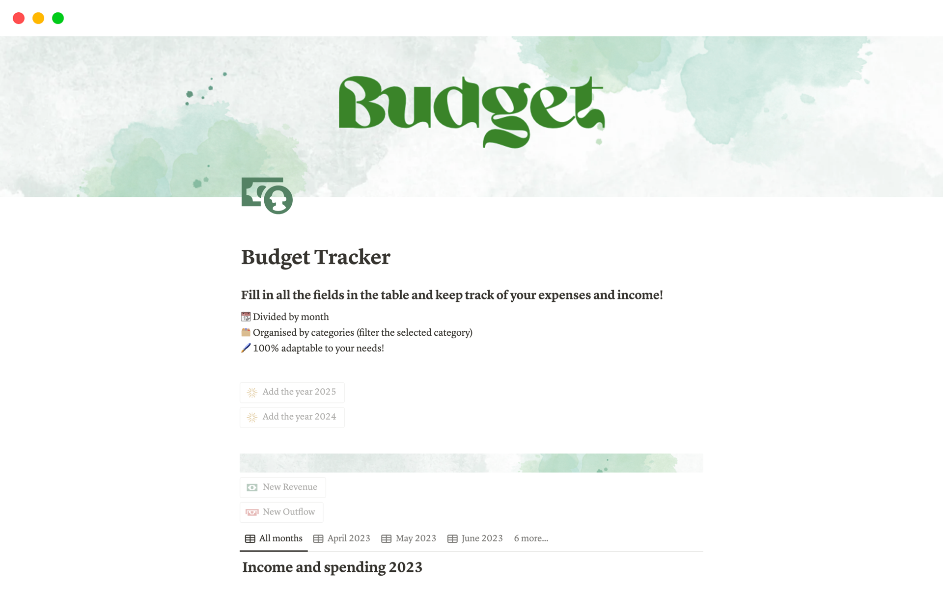 Vista previa de una plantilla para Smart budget Tracker