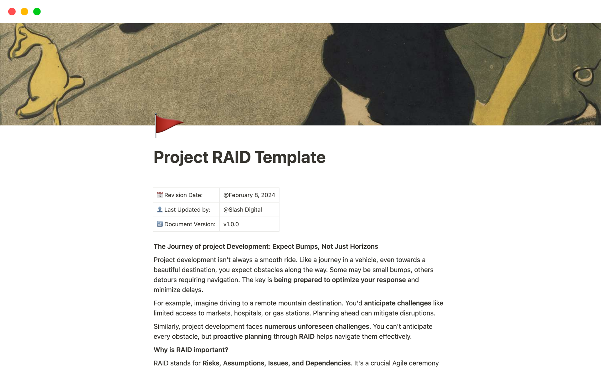 En förhandsgranskning av mallen för Project RAID