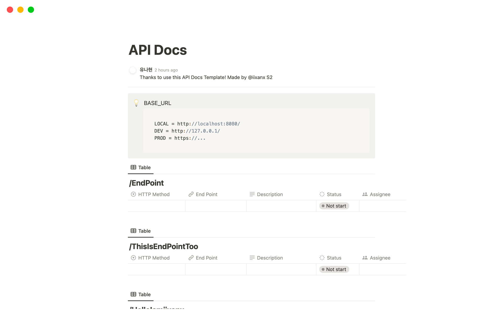 Eine Vorlagenvorschau für API Docs