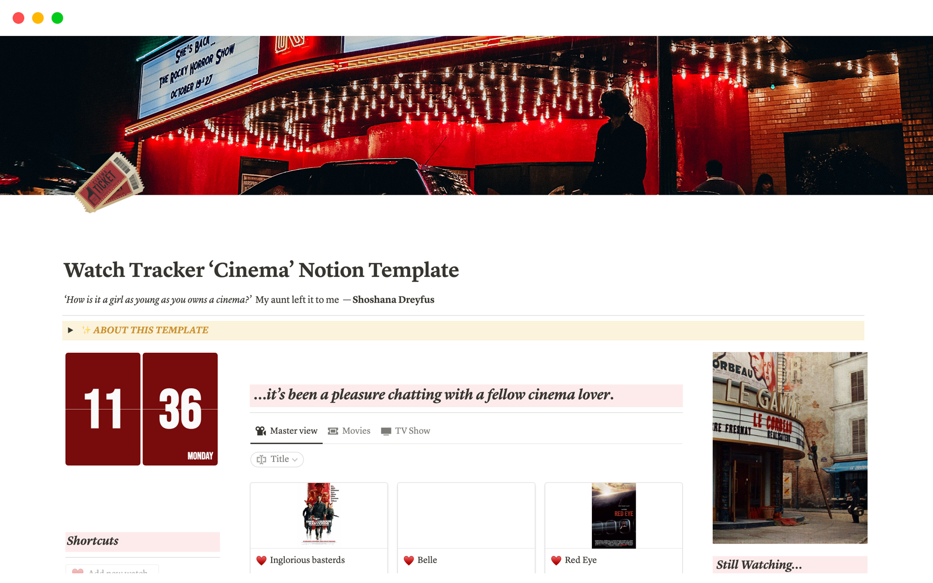 This template is a versatile tool designed to help you easily organize, track, and manage your movie and TV show-watching experience.
