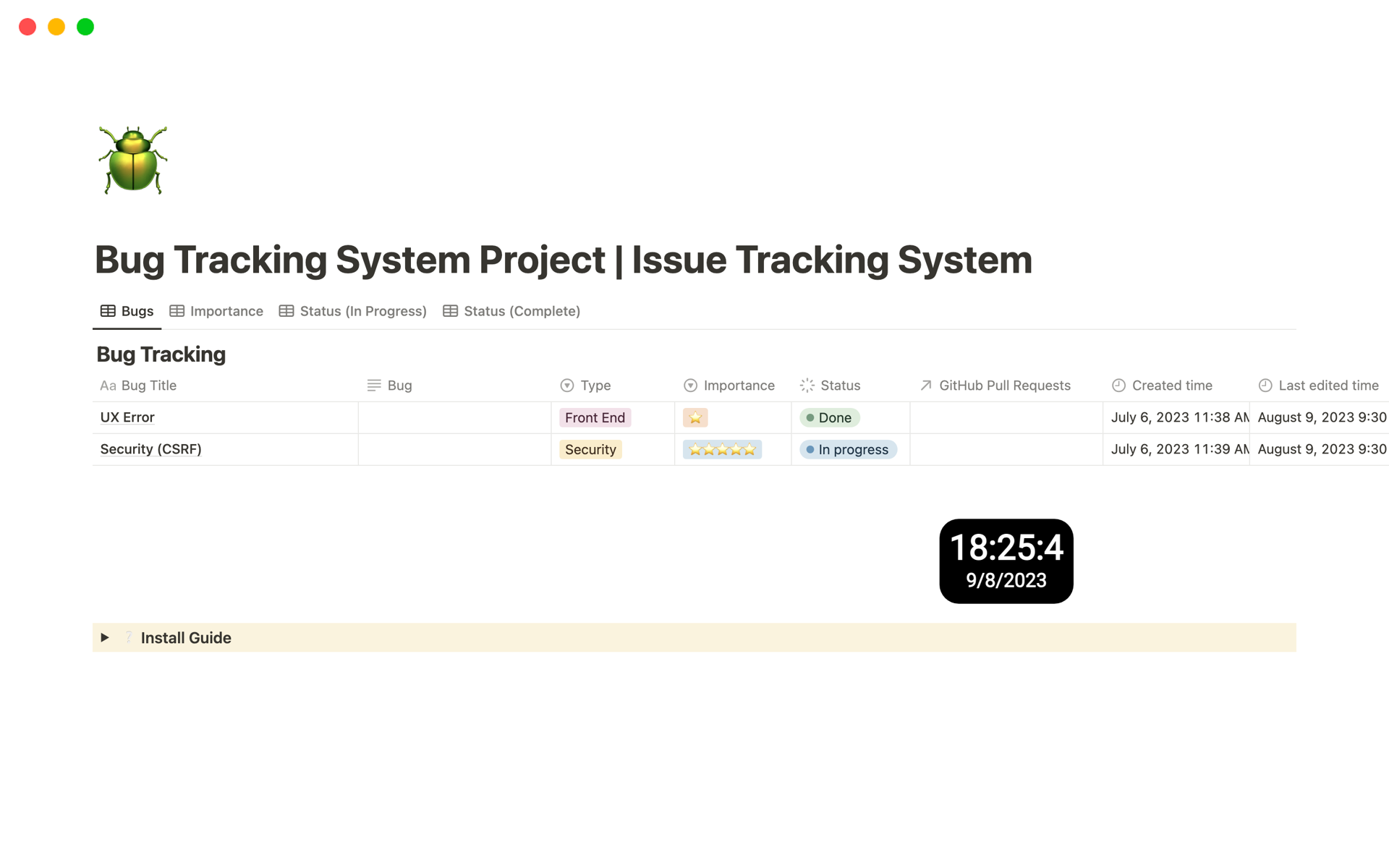 A template preview for Bug Tracking System Project, Issue Tracking System