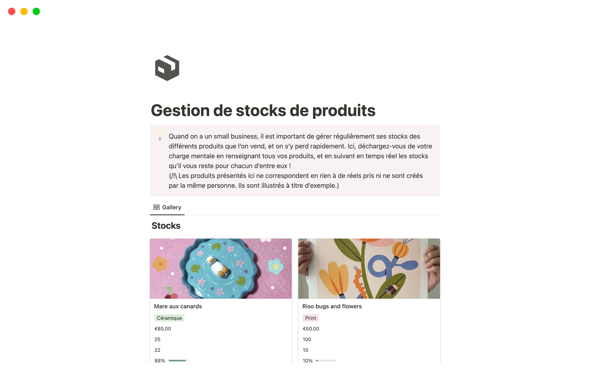A template preview for Gestion de stocks de produits