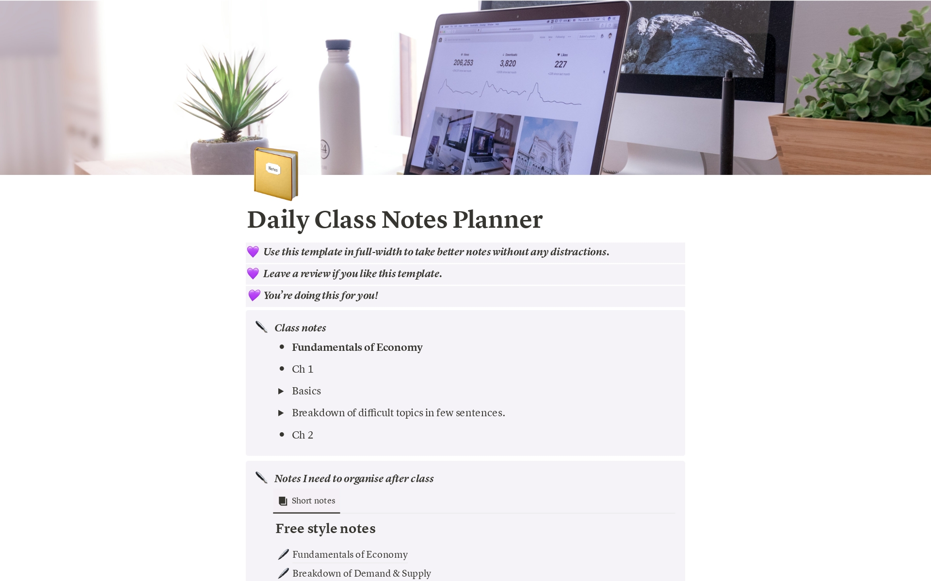 Eine Vorlagenvorschau für Daily Class Notes Planner