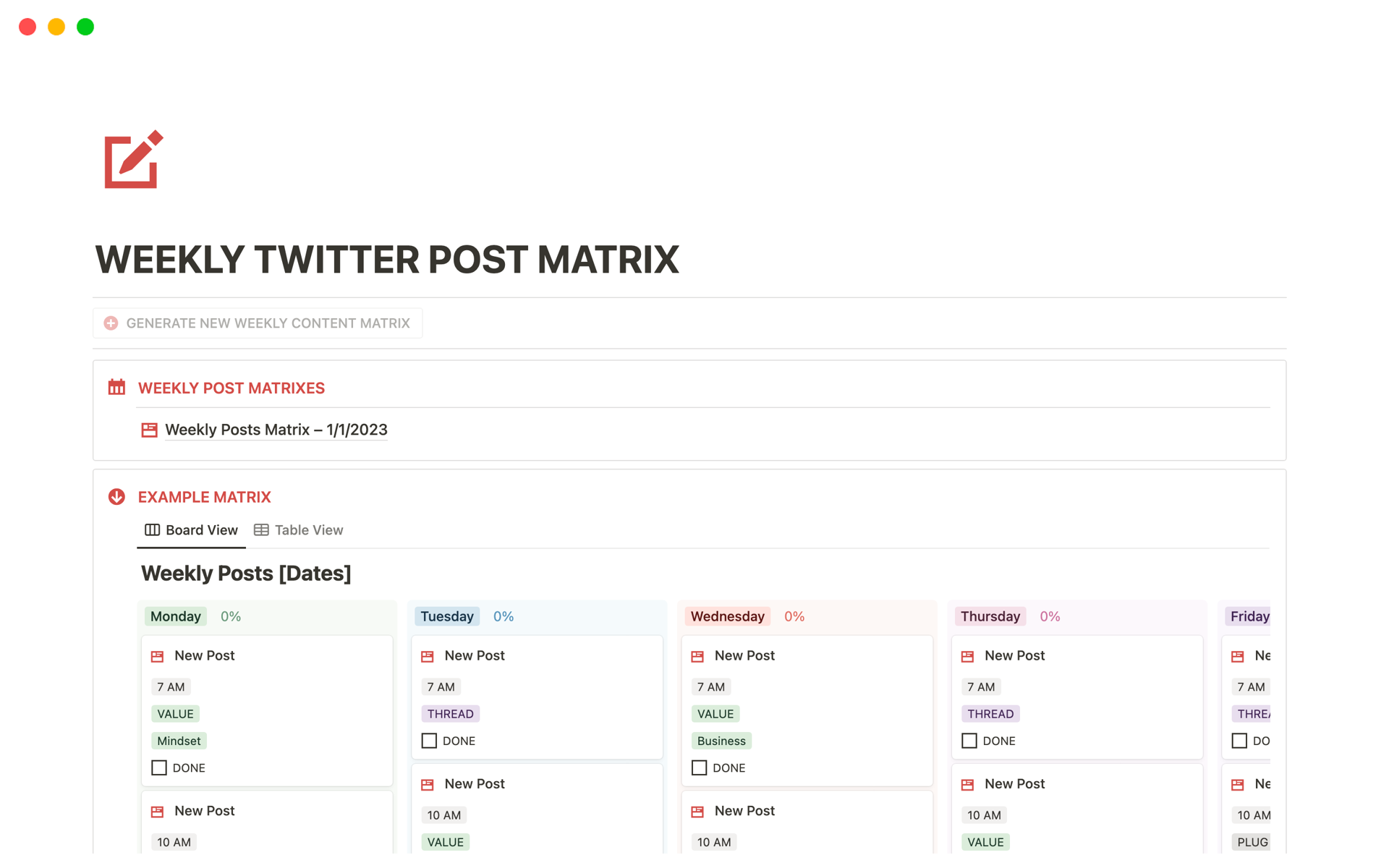 Write 1 week of Twitter posts quickly and easily with this Twitter Post Matrix database.