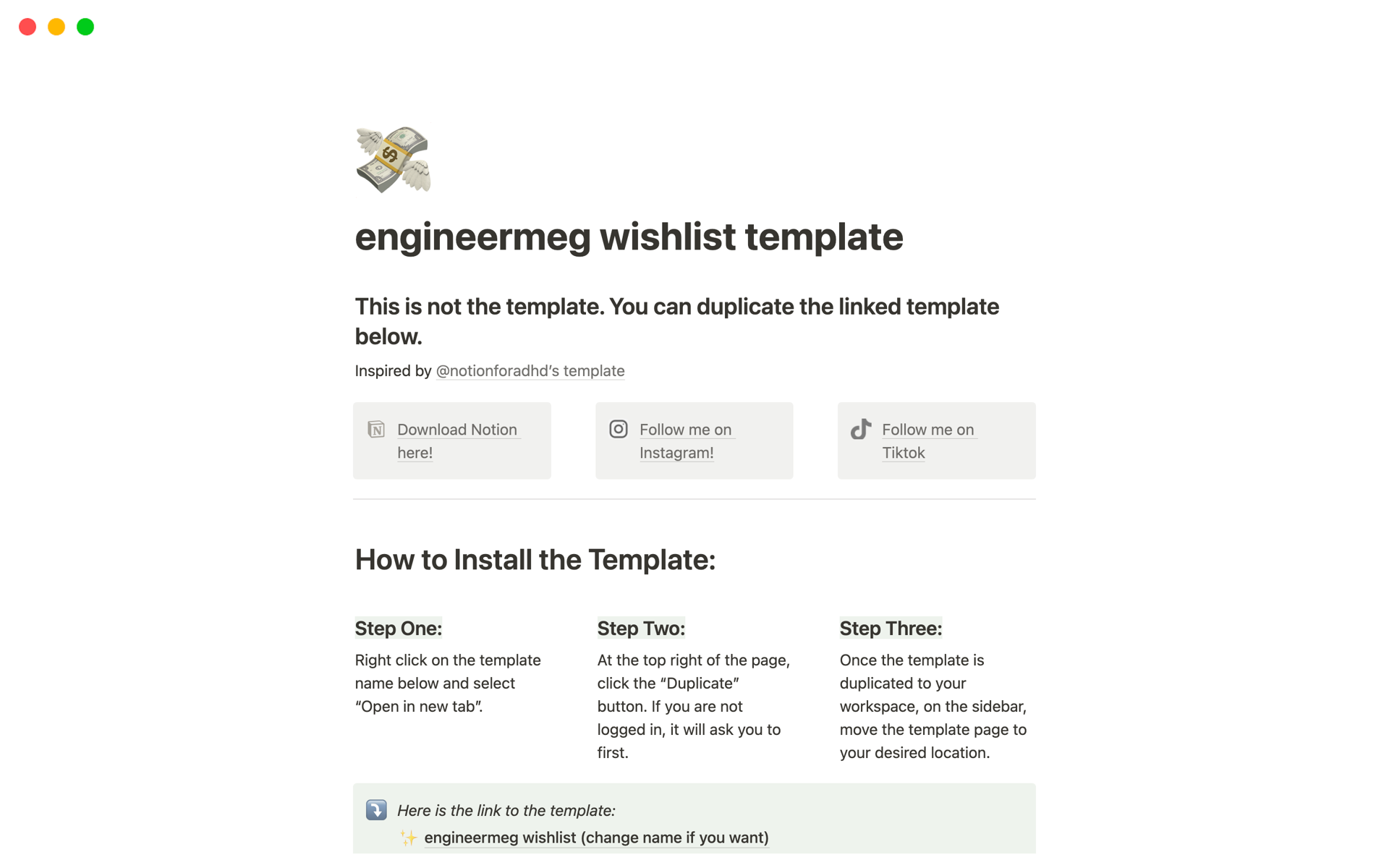 Eine Vorlagenvorschau für engineermeg wishlist template