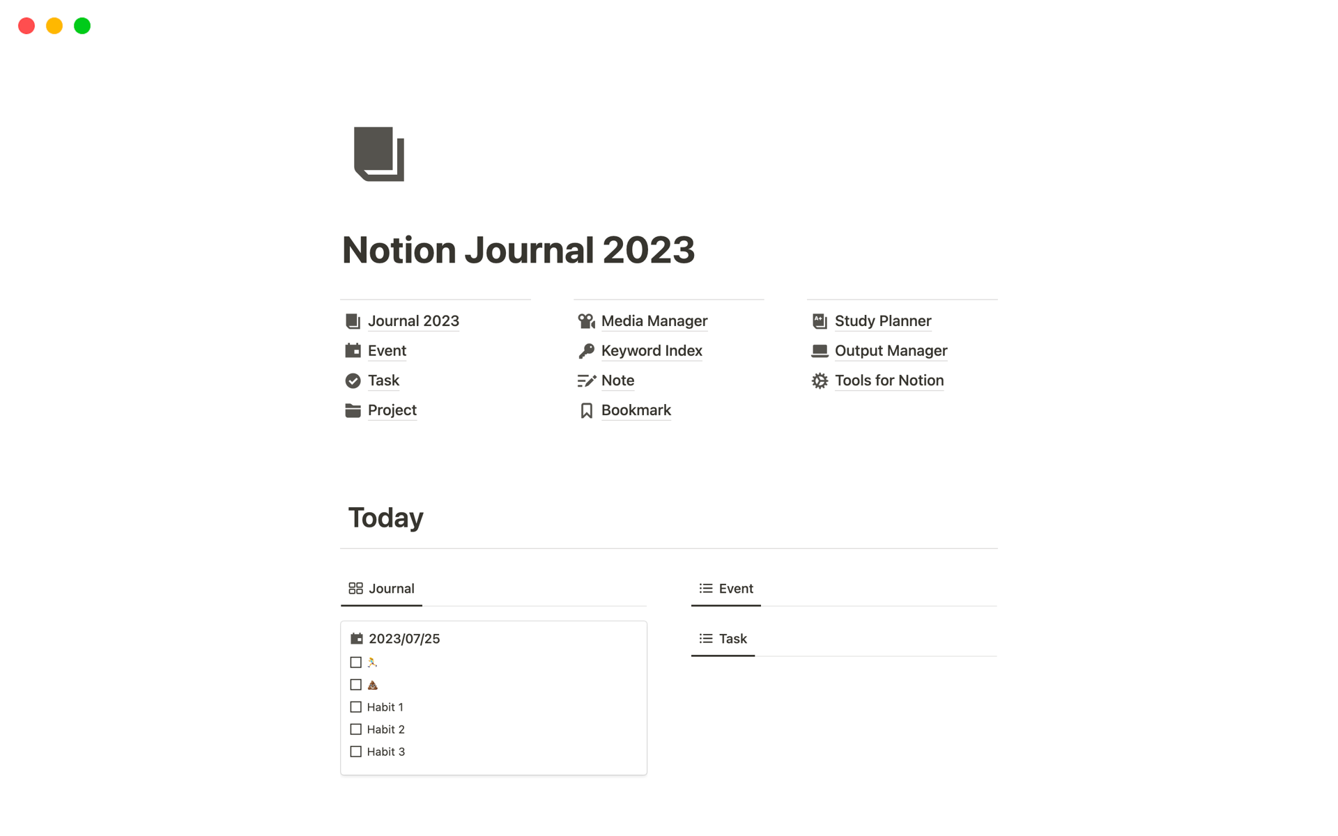 A template preview for Notion Journal 2023 Template