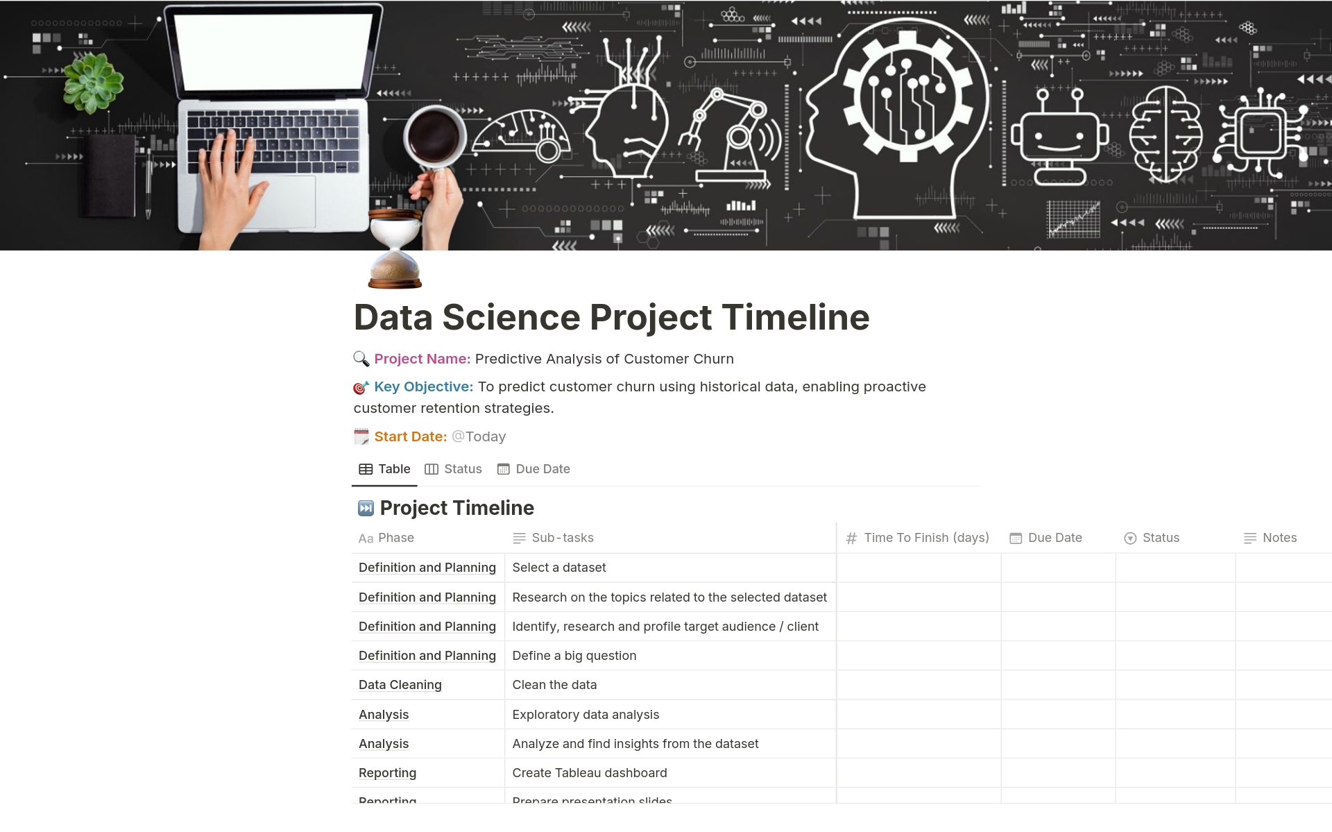 Efficiently manage your data science projects with this streamlined Notion template, facilitating clear timelines and progress tracking for enhanced project organization and productivity.