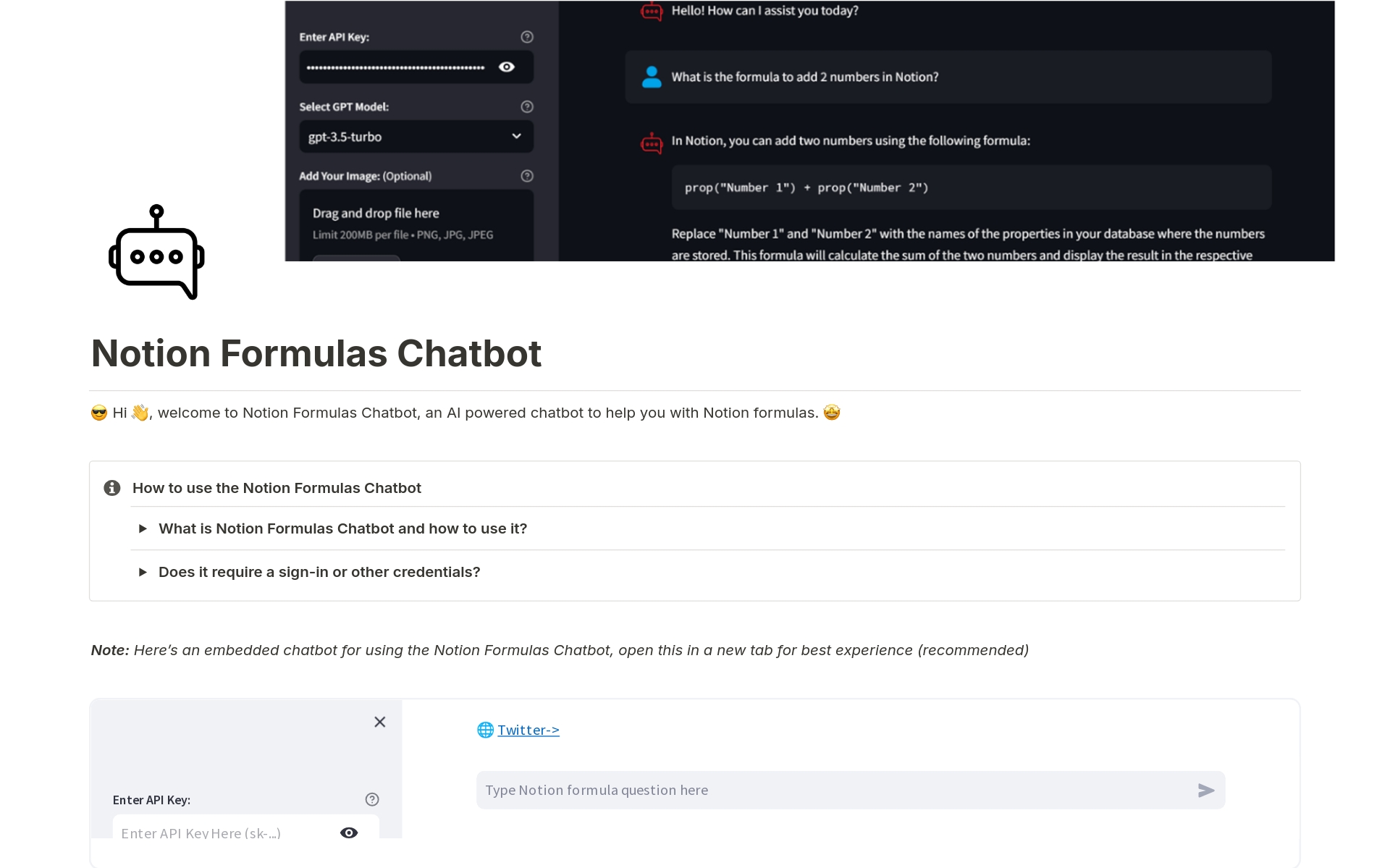 A template preview for Notion Formulas Chatbot